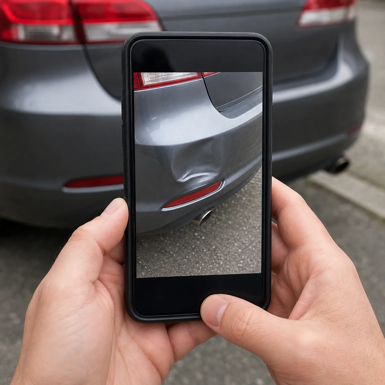 Two hands hold a smartphone that displays a close-up photo of a dented grey car rear bumper, with the same grey car's rear end visible in the background.