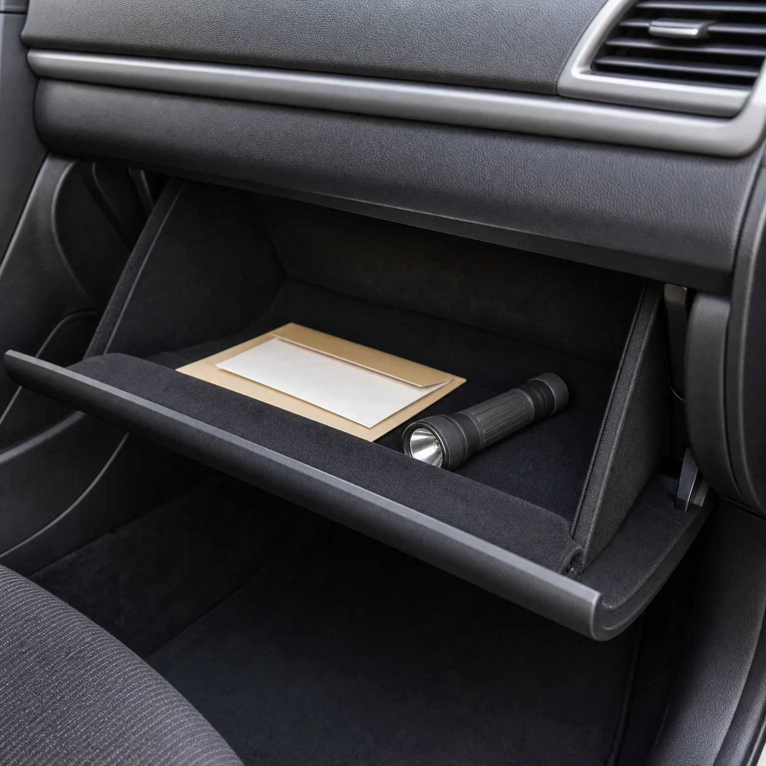 An open car glove compartment containing a tan envelope with a white paper on top and a black flashlight, with the dashboard and air vent above.