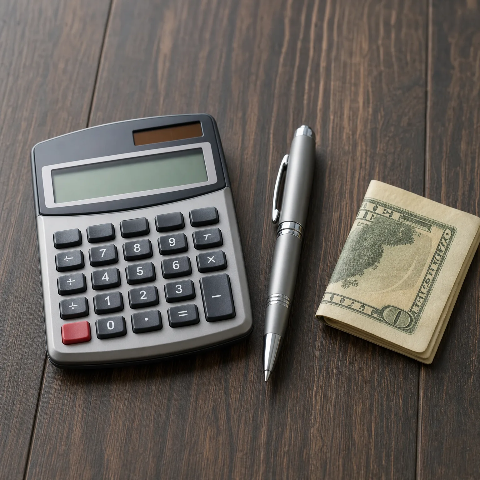 A gray desktop calculator, a silver ballpoint pen, and a folded stack of banknotes lie side by side on a dark wood plank surface.