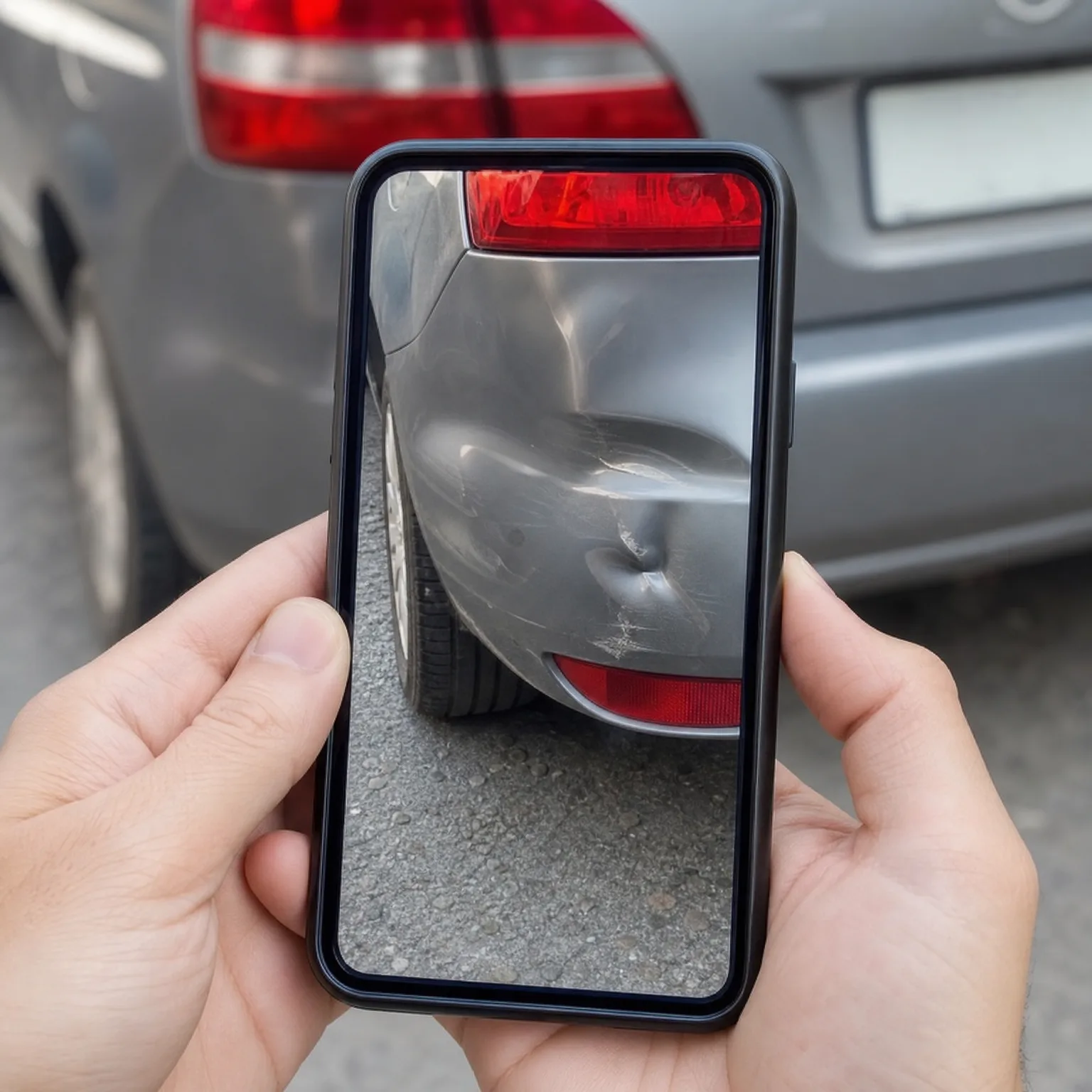 Two hands hold a smartphone displaying a close-up photo of a dented silver car bumper, with the same grey car blurred in the background.