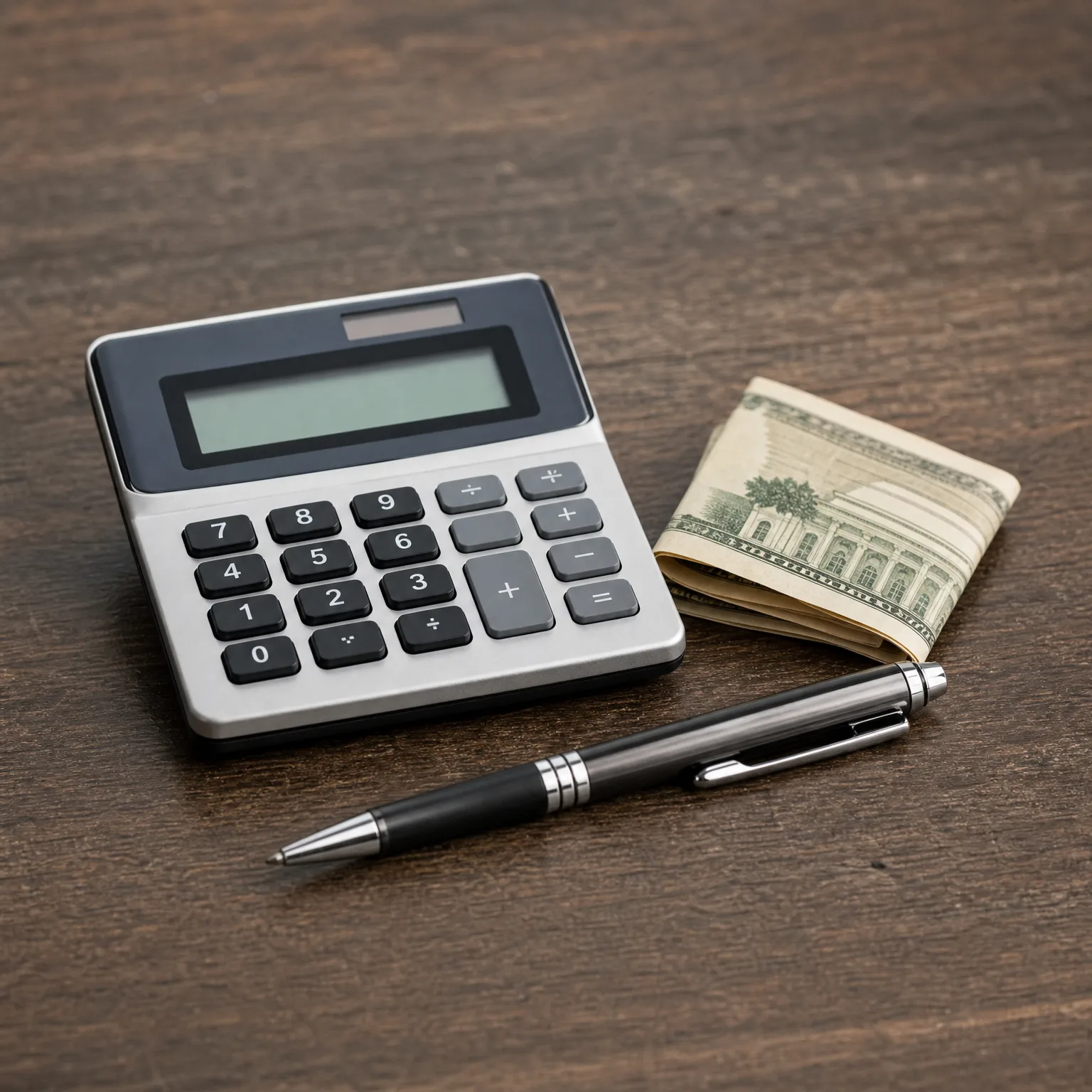 A silver desktop calculator, a folded stack of banknotes, and a black and silver ballpoint pen on a dark wooden surface.
