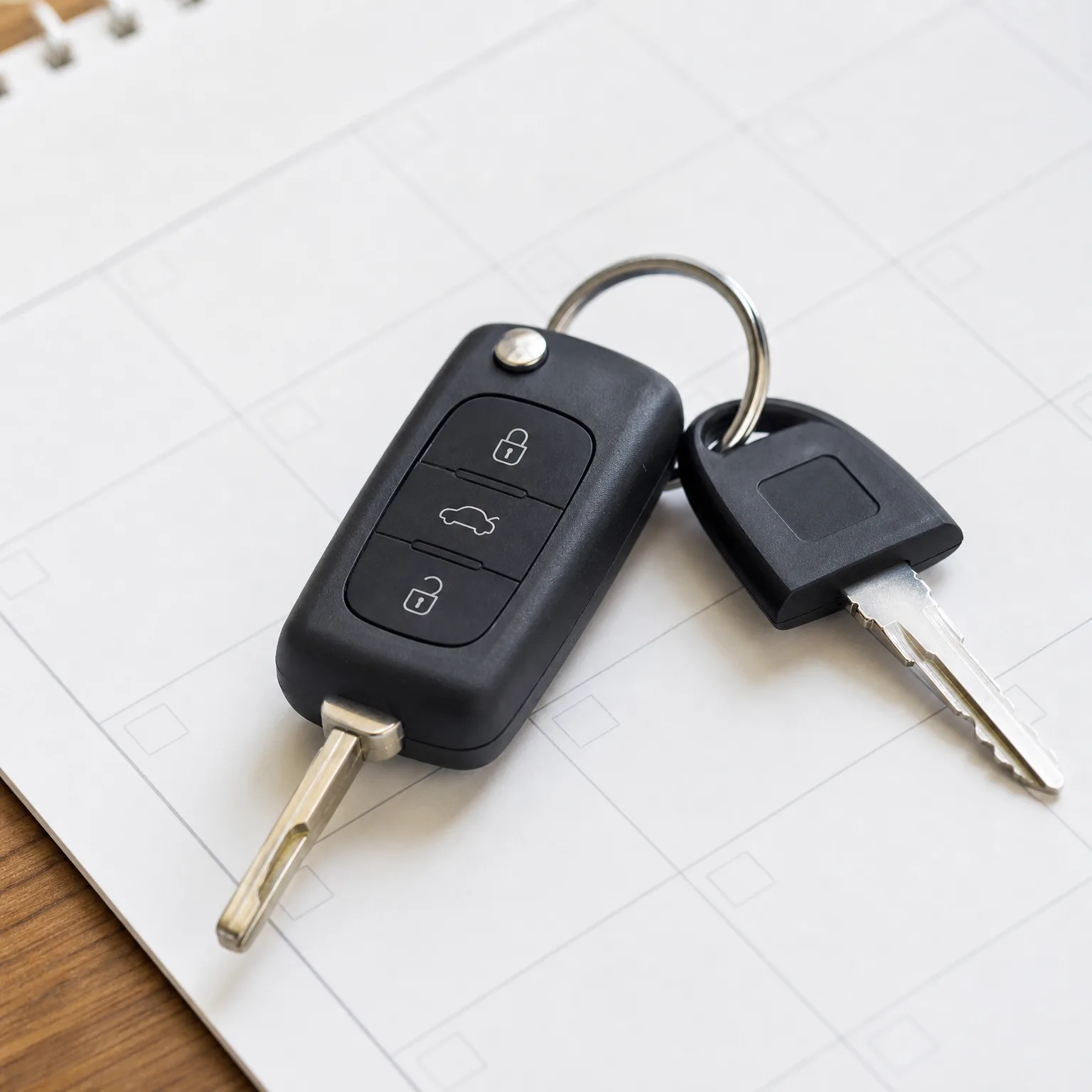 A black flip-style car remote key with lock, trunk and unlock buttons, joined by a metal ring to a second black-headed key, resting on a spiral-bound calendar page on a wooden surface.