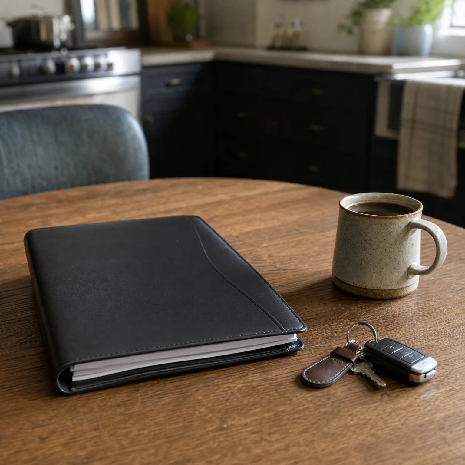 A black leather portfolio with papers, a speckled ceramic mug of coffee, and a car key fob with a leather fob rest on a round wooden table in a kitchen with dark cabinets.