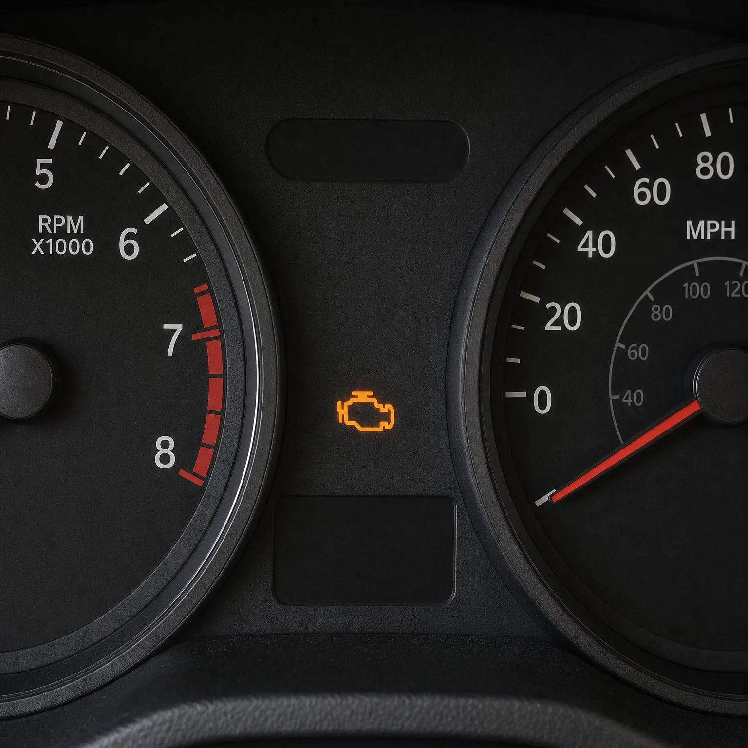 Close-up of a car instrument cluster showing a tachometer marked RPM x1000 with a red zone past 7, a speedometer in MPH with the needle at zero, and an illuminated amber engine-shaped warning light between them.