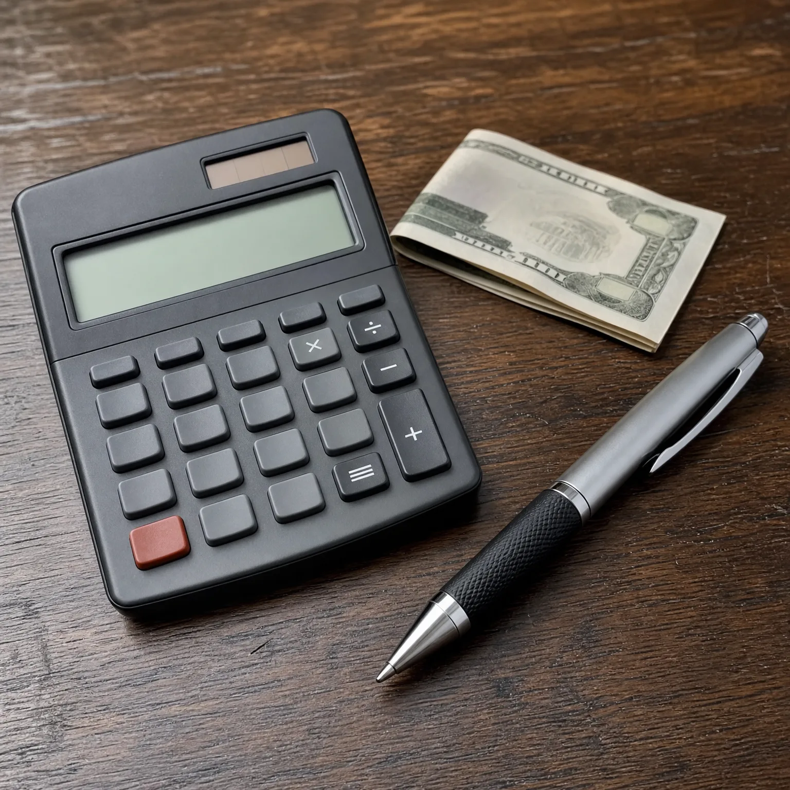 A black desktop calculator, a silver and black ballpoint pen, and a folded stack of banknotes on a dark wooden surface.