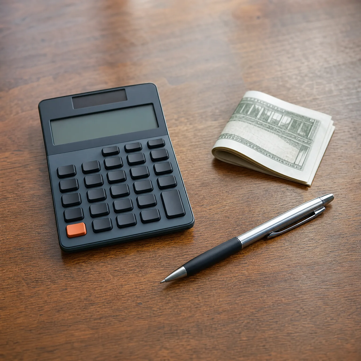 A dark gray calculator, a folded stack of banknotes, and a silver and black ballpoint pen lie on a dark wooden table.