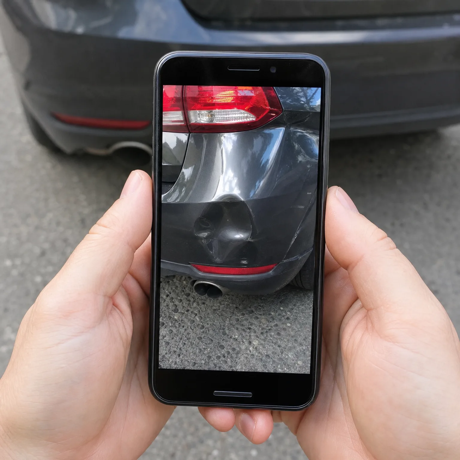Two hands hold a smartphone displaying a close-up photo of a dented rear bumper on a dark grey car, with the same car parked on pavement in the background.