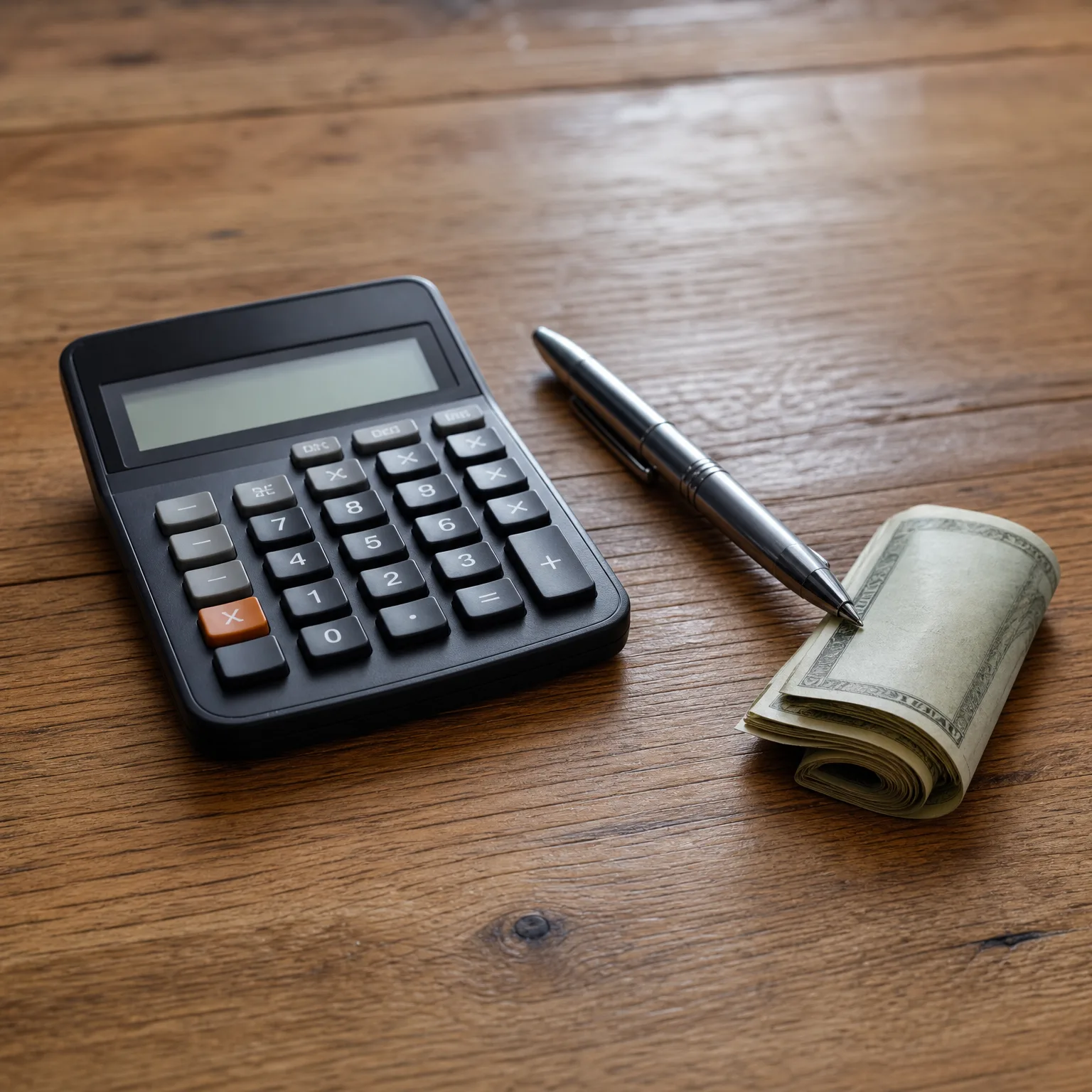 A black desktop calculator, a silver ballpoint pen, and a rolled bundle of banknotes on a wooden table.