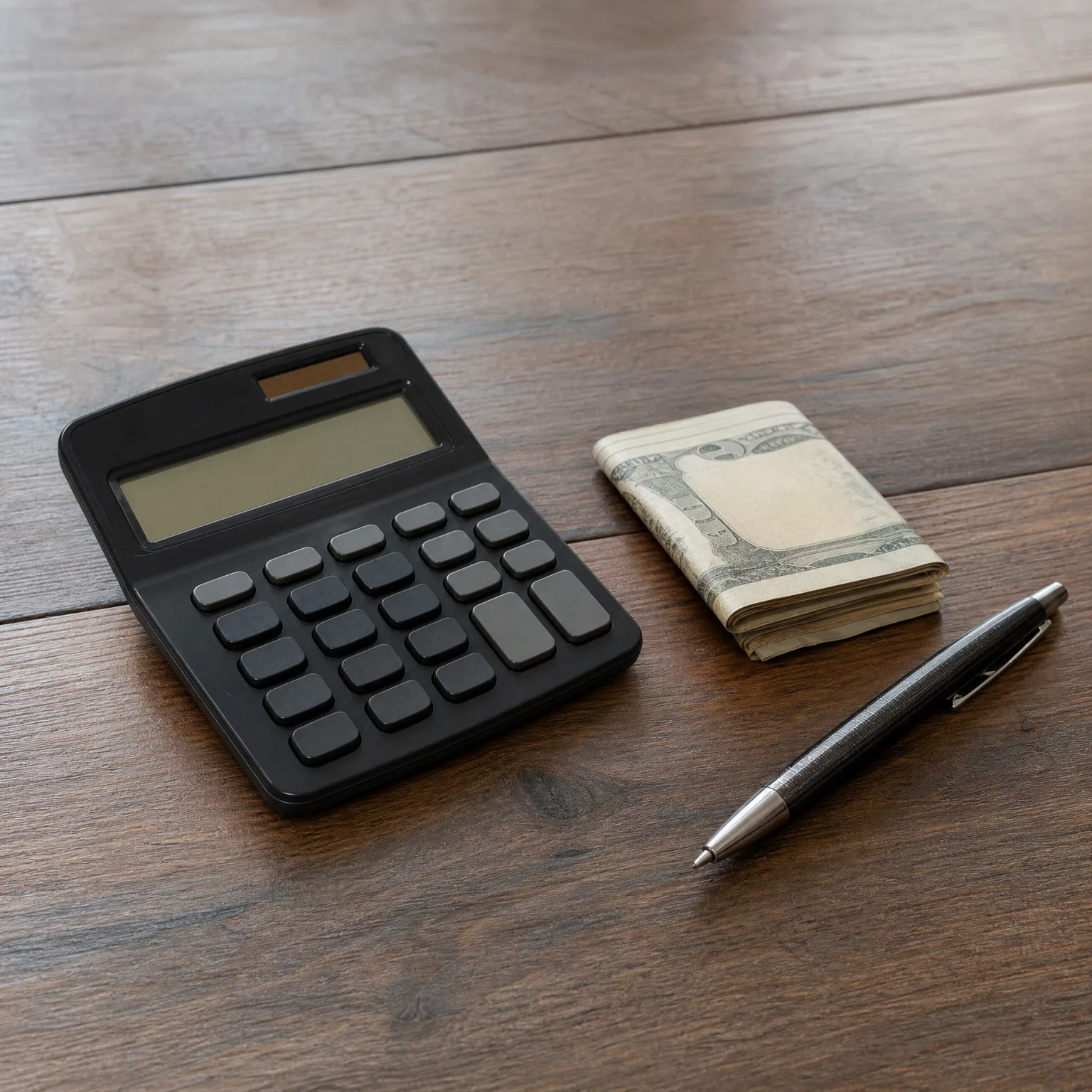 A black desktop calculator, a folded stack of banknotes, and a dark ballpoint pen arranged on a wooden surface.