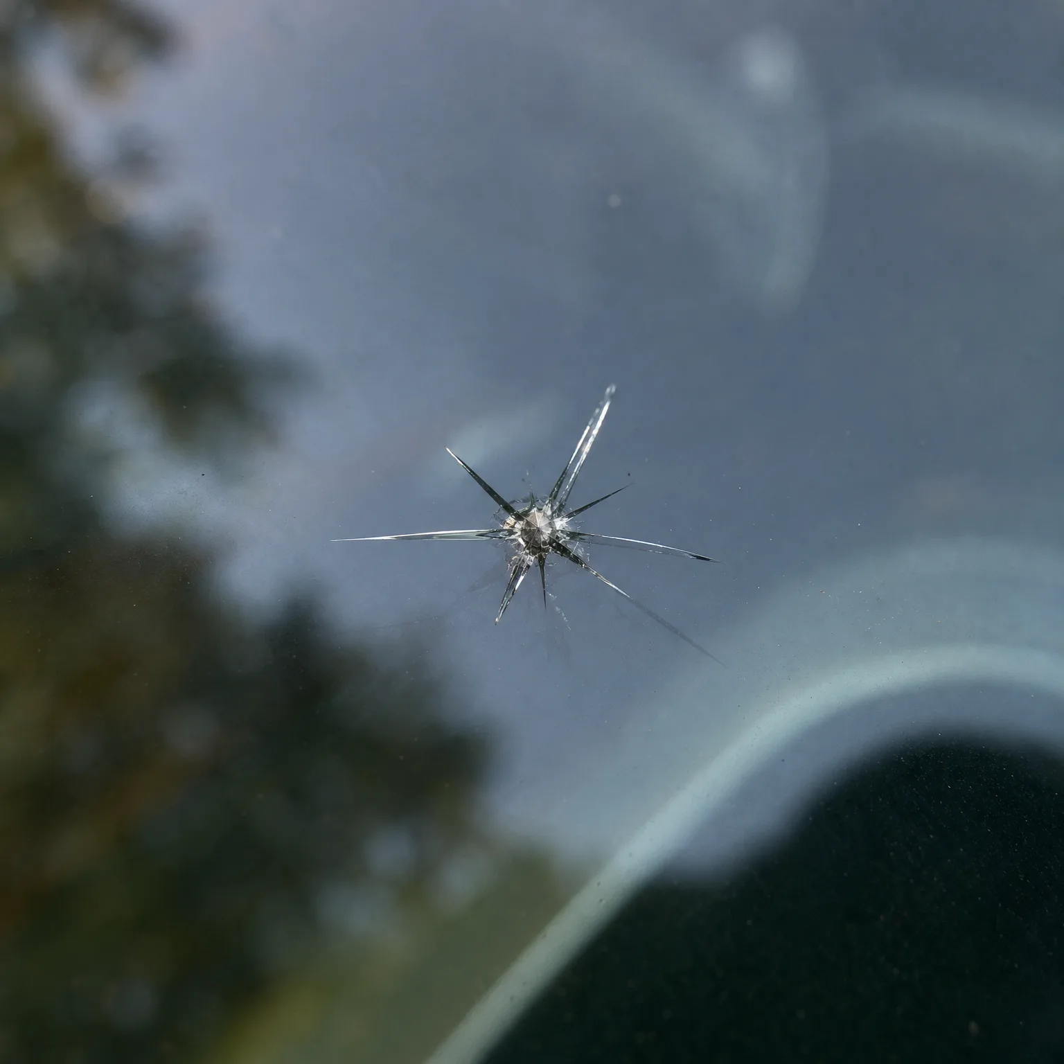 Close-up of a star-shaped chip crack in a vehicle windshield, with blurred trees and sky reflected in the glass.