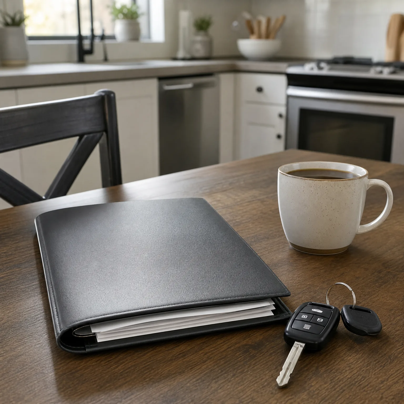 A black leather folder holding white papers sits on a dark wood table beside a speckled ceramic mug of coffee and a car key with a key fob, with a blurred kitchen in the background.