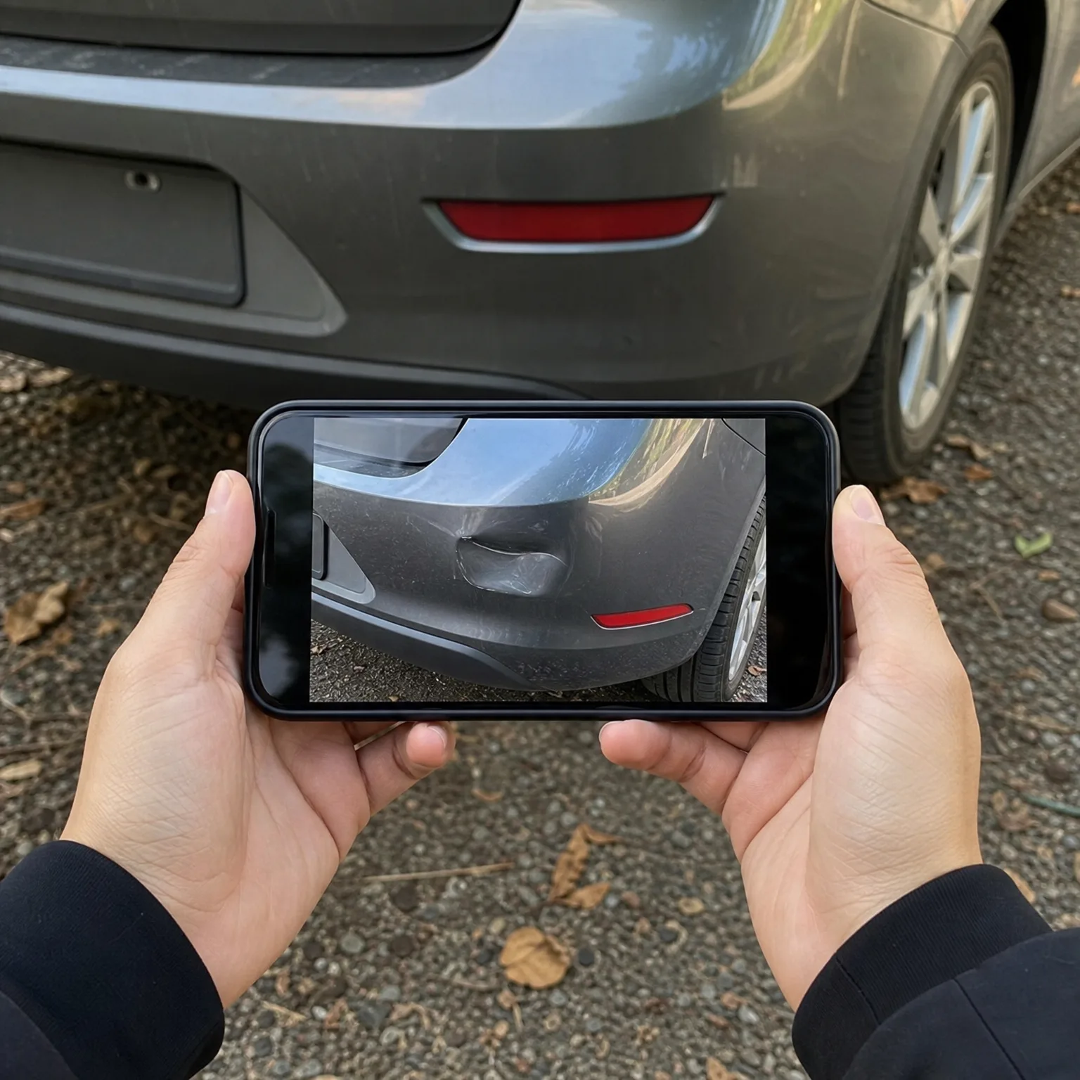 Two hands hold a smartphone horizontally, displaying a photo of a dented gray car bumper, in front of the actual car parked on gravel scattered with dry leaves.
