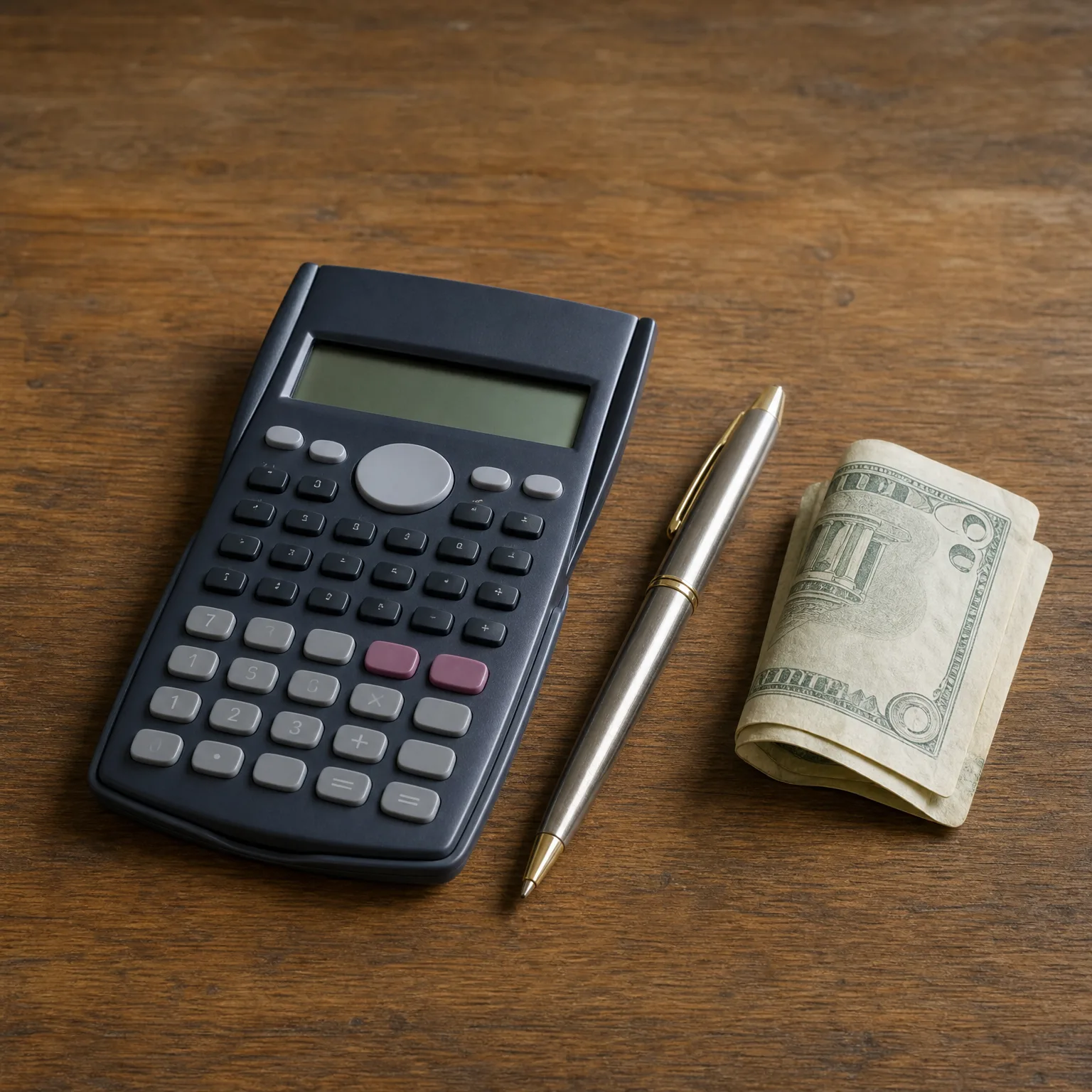 A dark scientific calculator, a metal ballpoint pen, and a rolled bundle of banknotes resting on a wooden table.