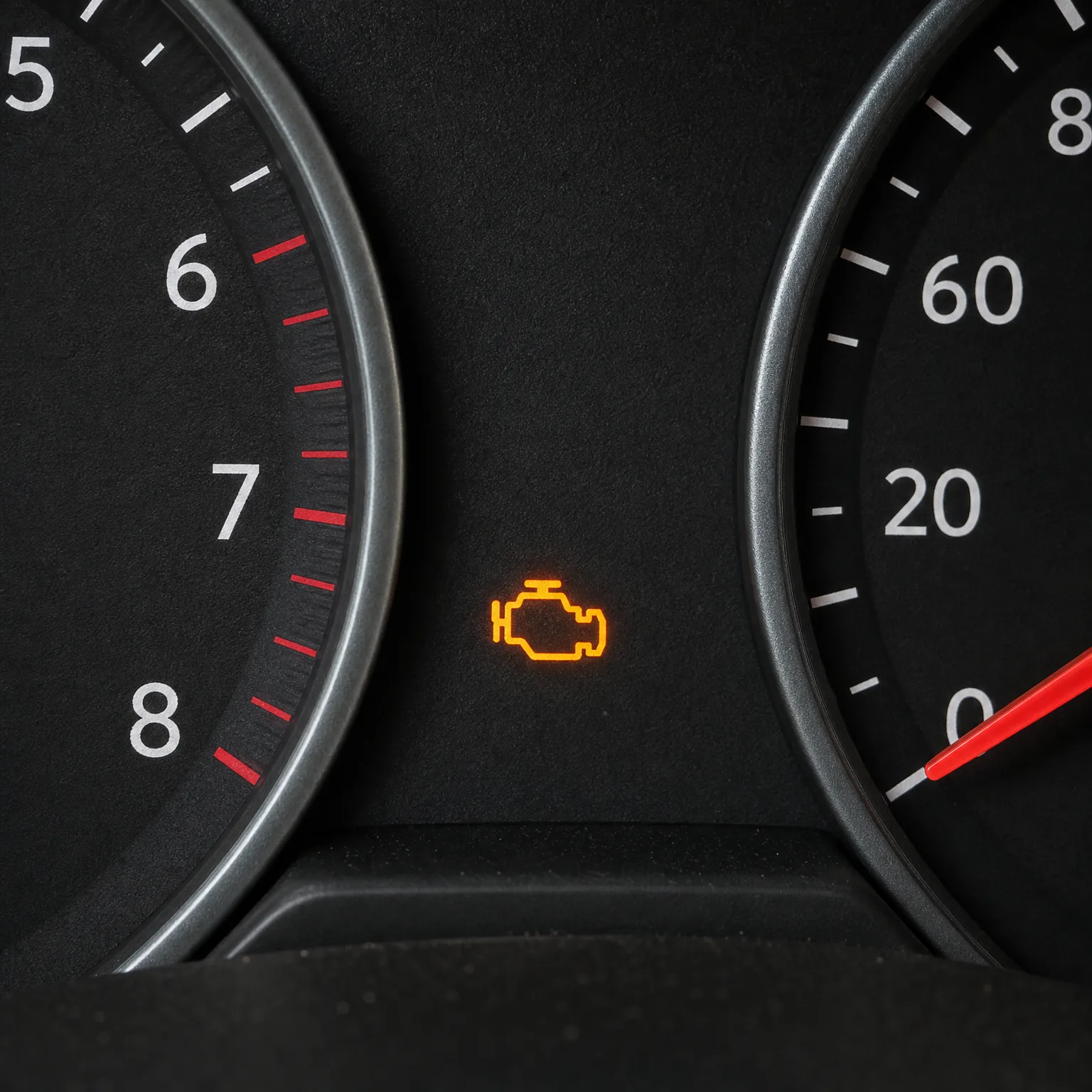 Close-up of a car instrument cluster showing part of a tachometer with numbers 5 to 8 and a red-marked zone, part of a second gauge with numbers 0, 20, 60 and a red needle, and an illuminated amber engine-shaped warning light between them.
