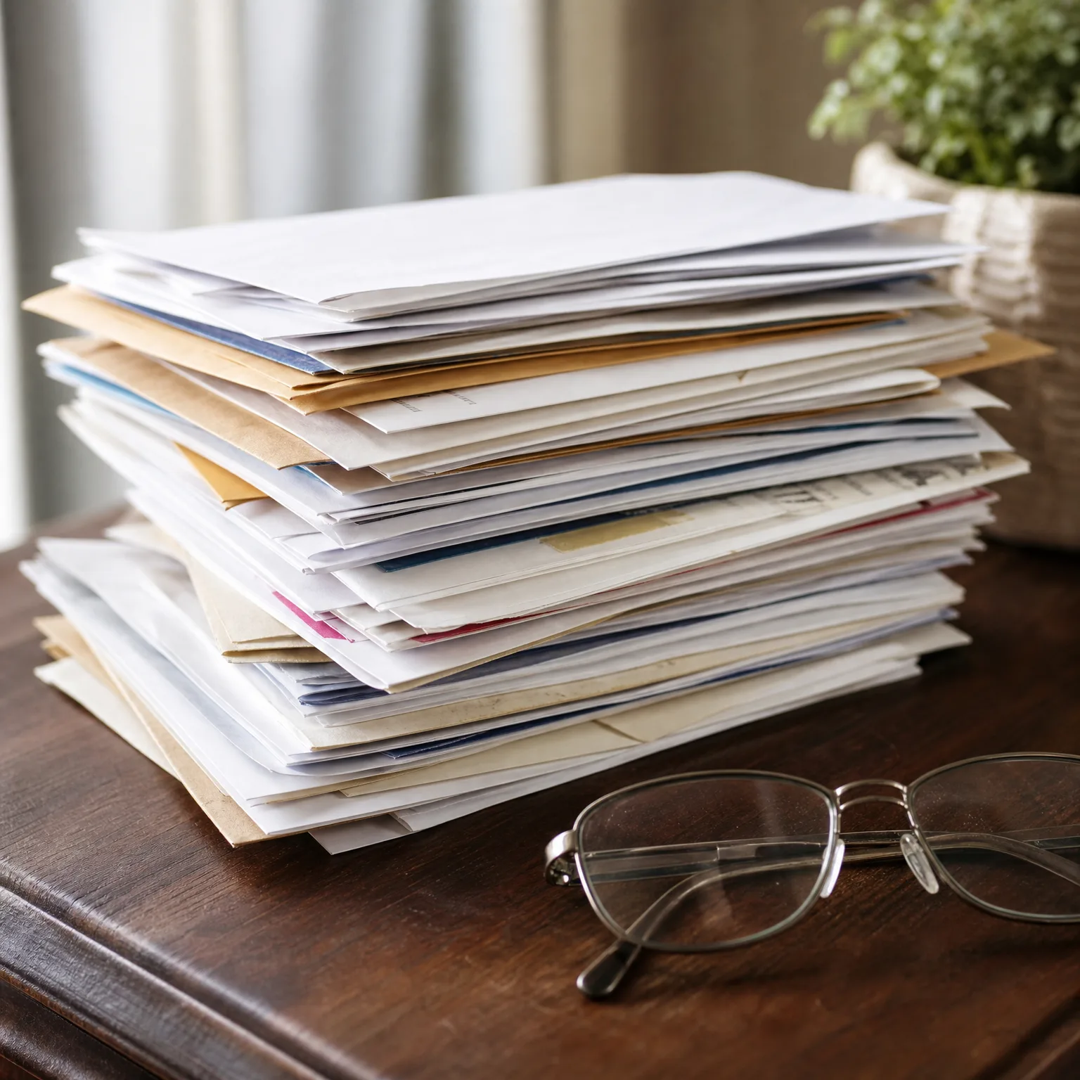 A large stack of white and manila papers, envelopes and folders sits on a dark wooden table beside a pair of wire-rimmed eyeglasses, with a potted plant in the background.