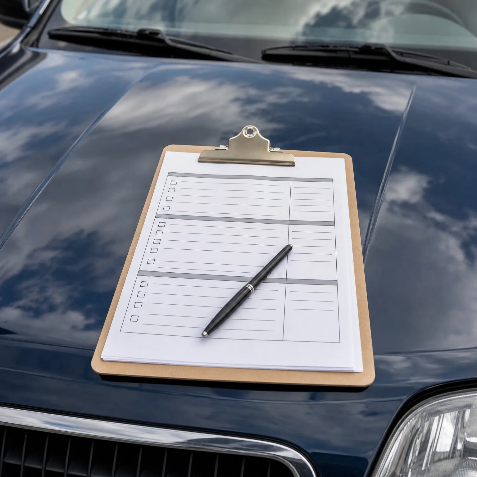 A wooden clipboard holding a blank checklist form with a black pen resting on it, placed on the dark blue hood of a car reflecting sky and clouds.