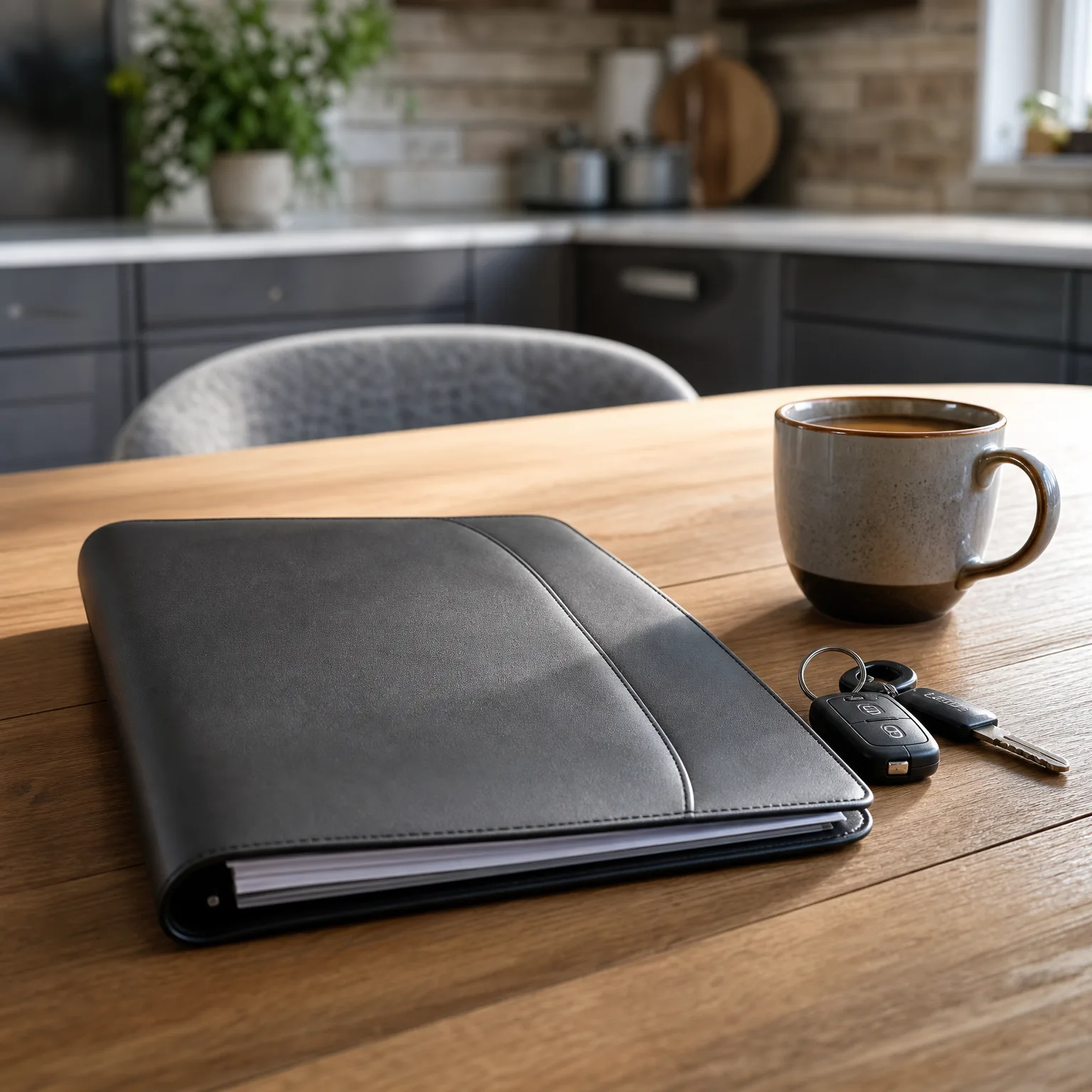 A closed gray leather folder with papers inside rests on a wooden table beside a car key fob on a ring and a speckled ceramic mug of coffee, with a blurred kitchen and chair behind.