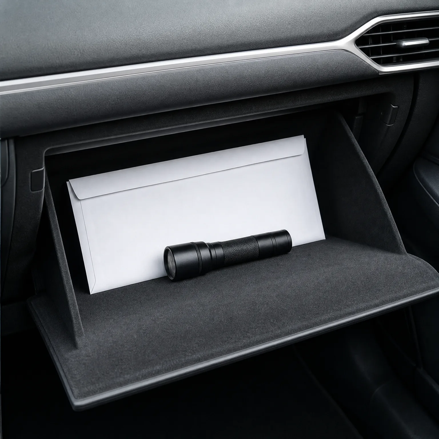 An open car glovebox with a felt-lined interior holding a white envelope and a small black flashlight, below a dark dashboard with an air vent.