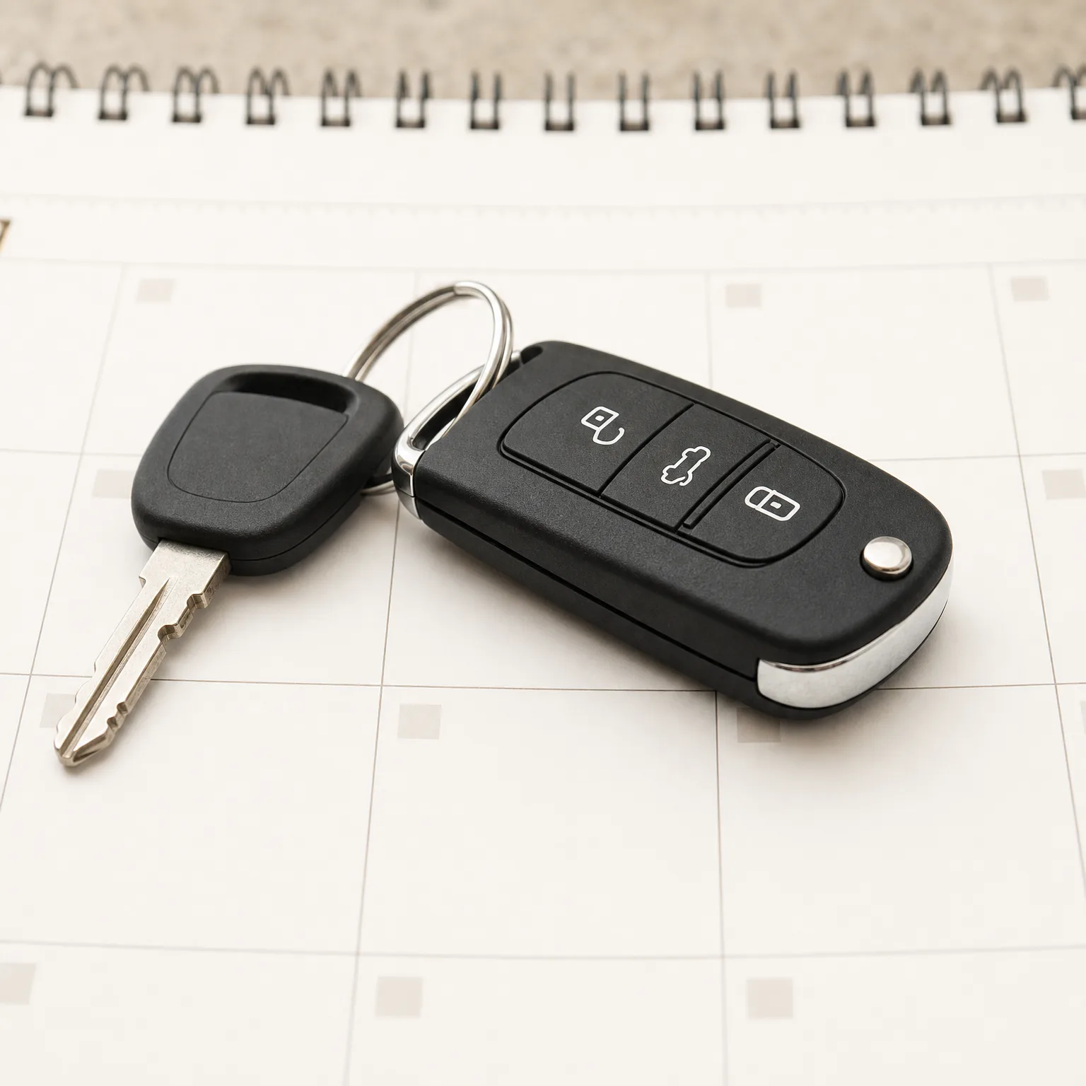 A black flip-style car remote key with three buttons and a plain metal key on a split ring, resting on a white spiral-bound notebook page with a faint grid pattern.
