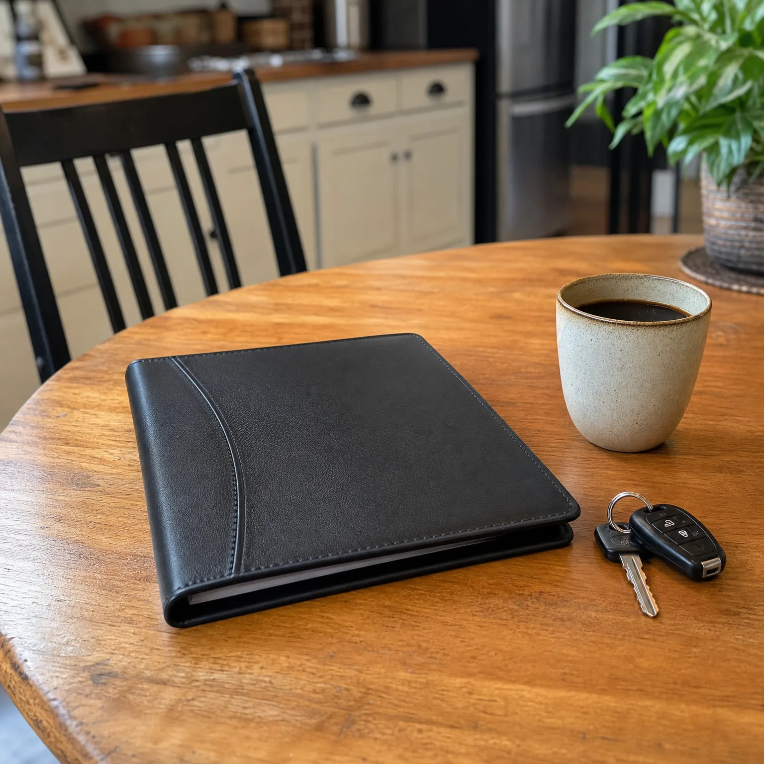 A black leather folio, a speckled ceramic mug of black coffee, and a car key with remote fob rest on a round wooden table in a kitchen with a dark chair, cabinets, and a potted plant blurred behind.