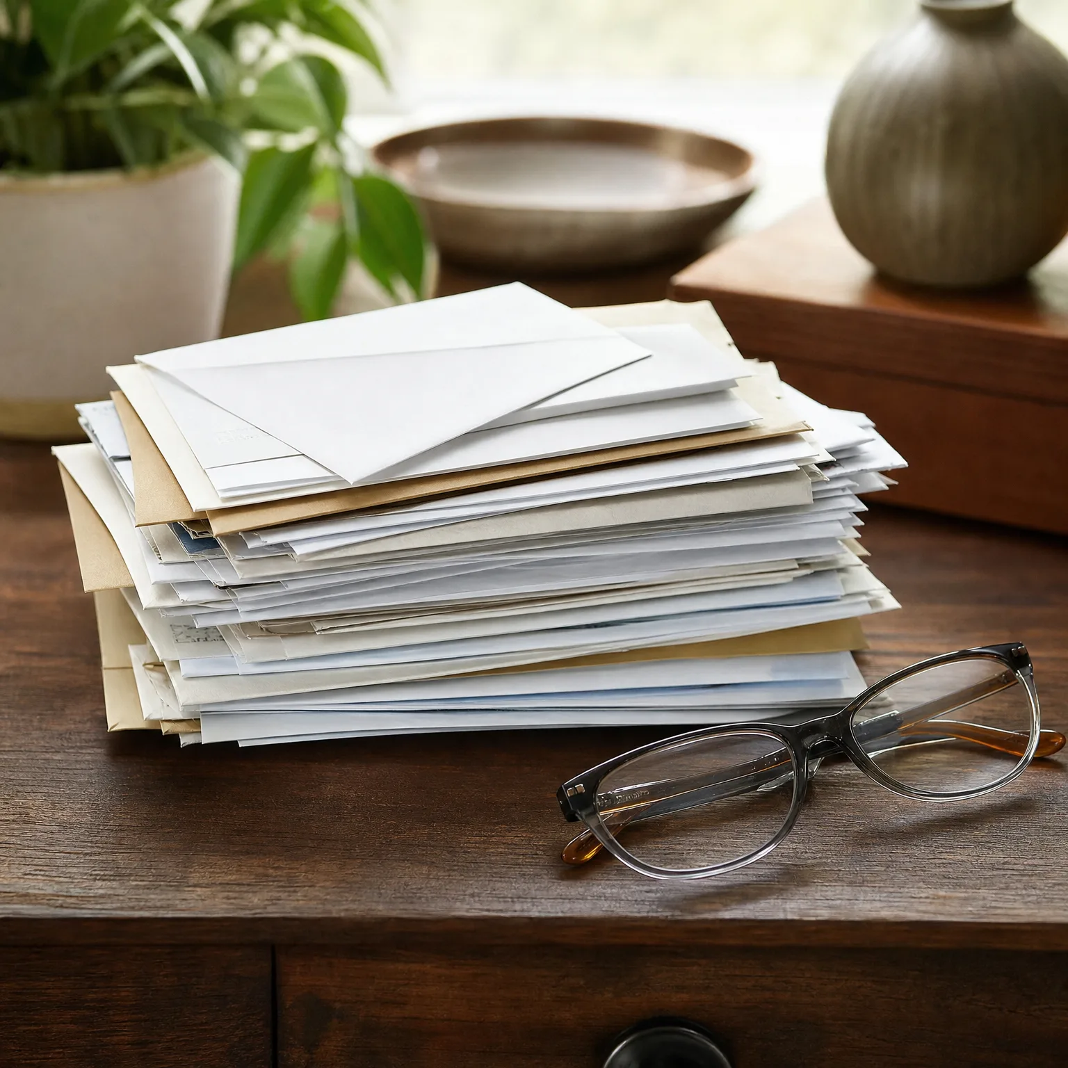 A tall stack of white and manila envelopes and papers on a dark wood desk, with gray-framed eyeglasses beside it and a potted plant, shallow bowl, and ceramic vase blurred in the background.