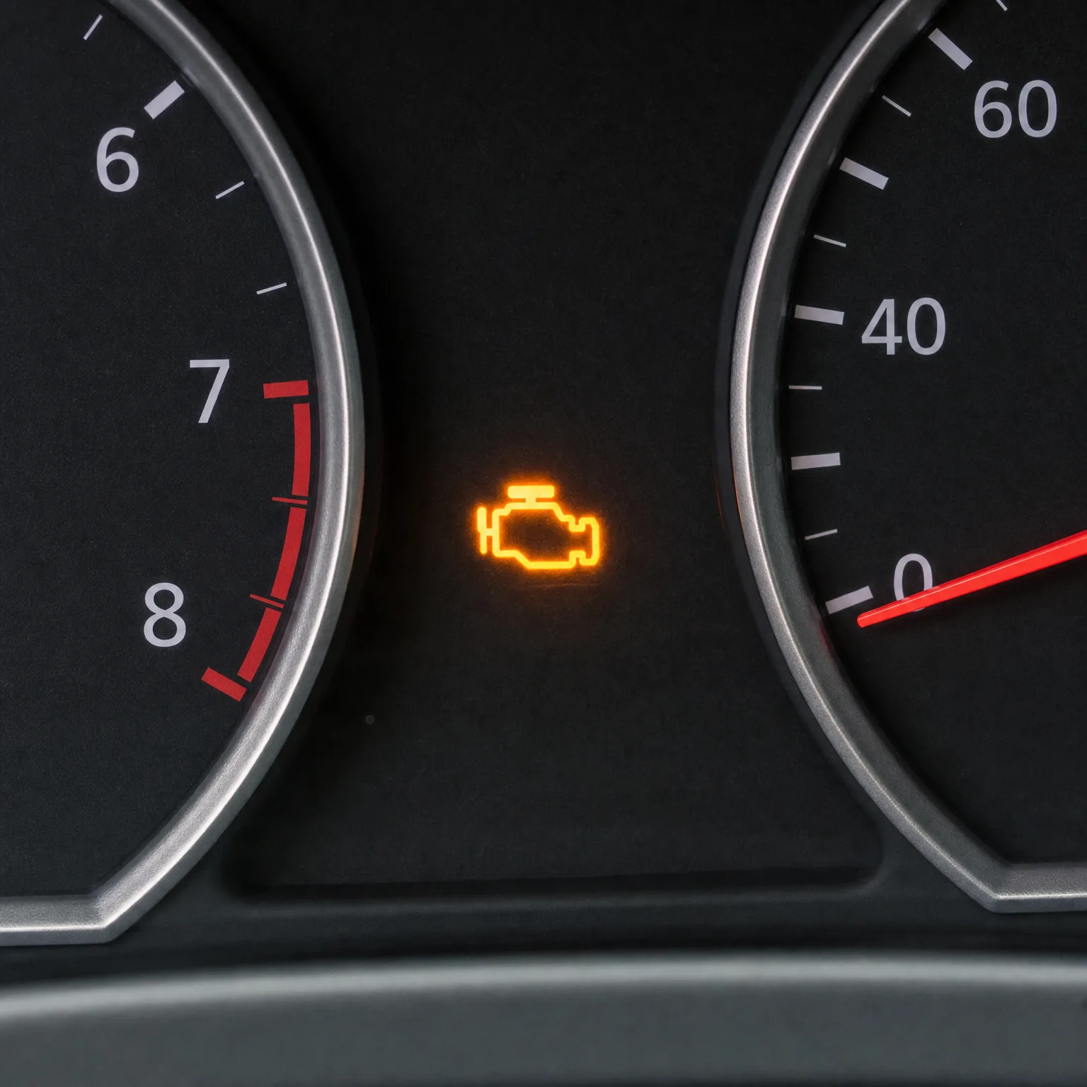 Close-up of a car instrument cluster showing an illuminated amber engine-shaped warning light between a tachometer marked 6, 7, 8 with a red zone and a speedometer marked 0, 40, 60 with a red needle.