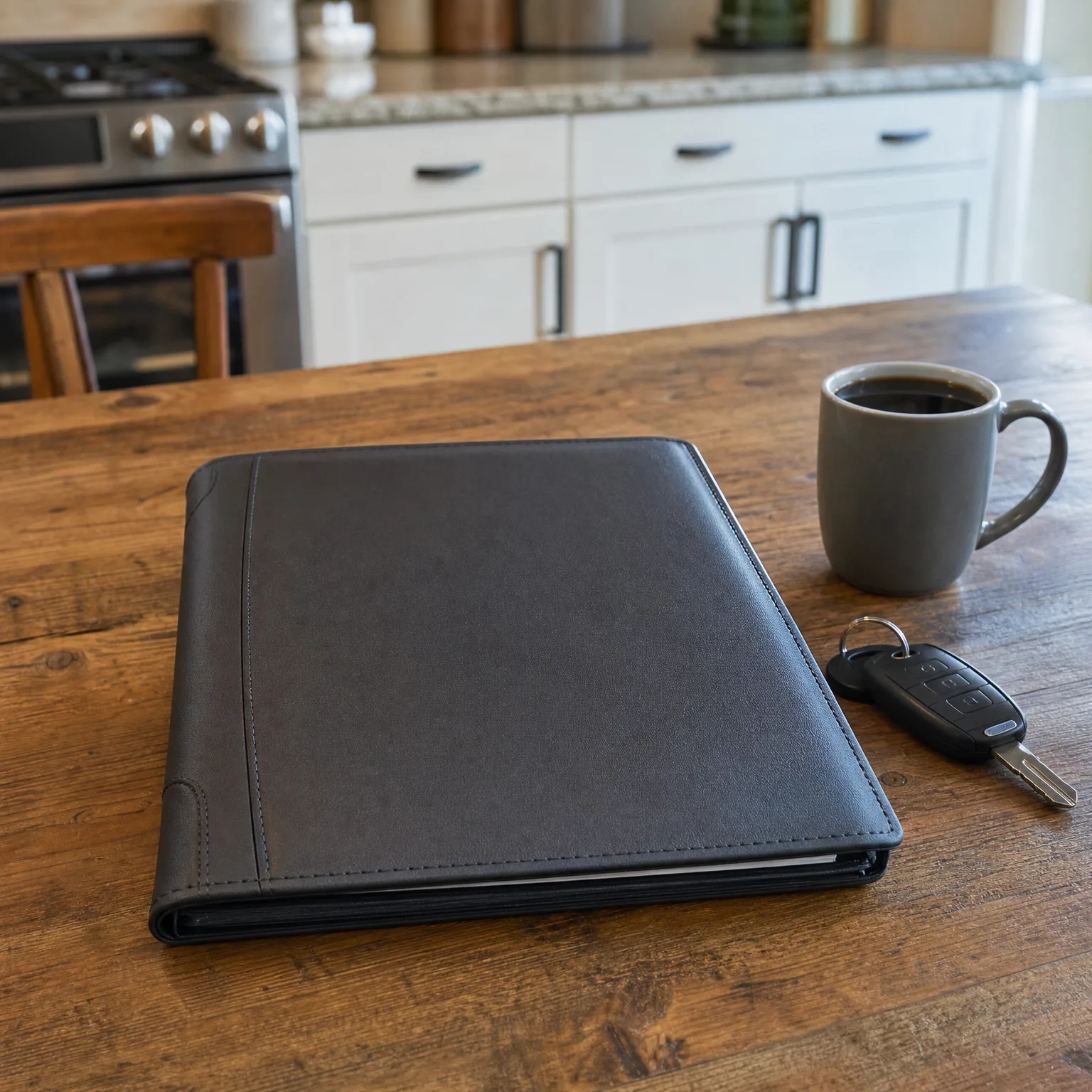 A dark leather portfolio folder lies on a wooden table beside a gray mug of black coffee and a car key fob, with a blurred kitchen counter and stove in the background.