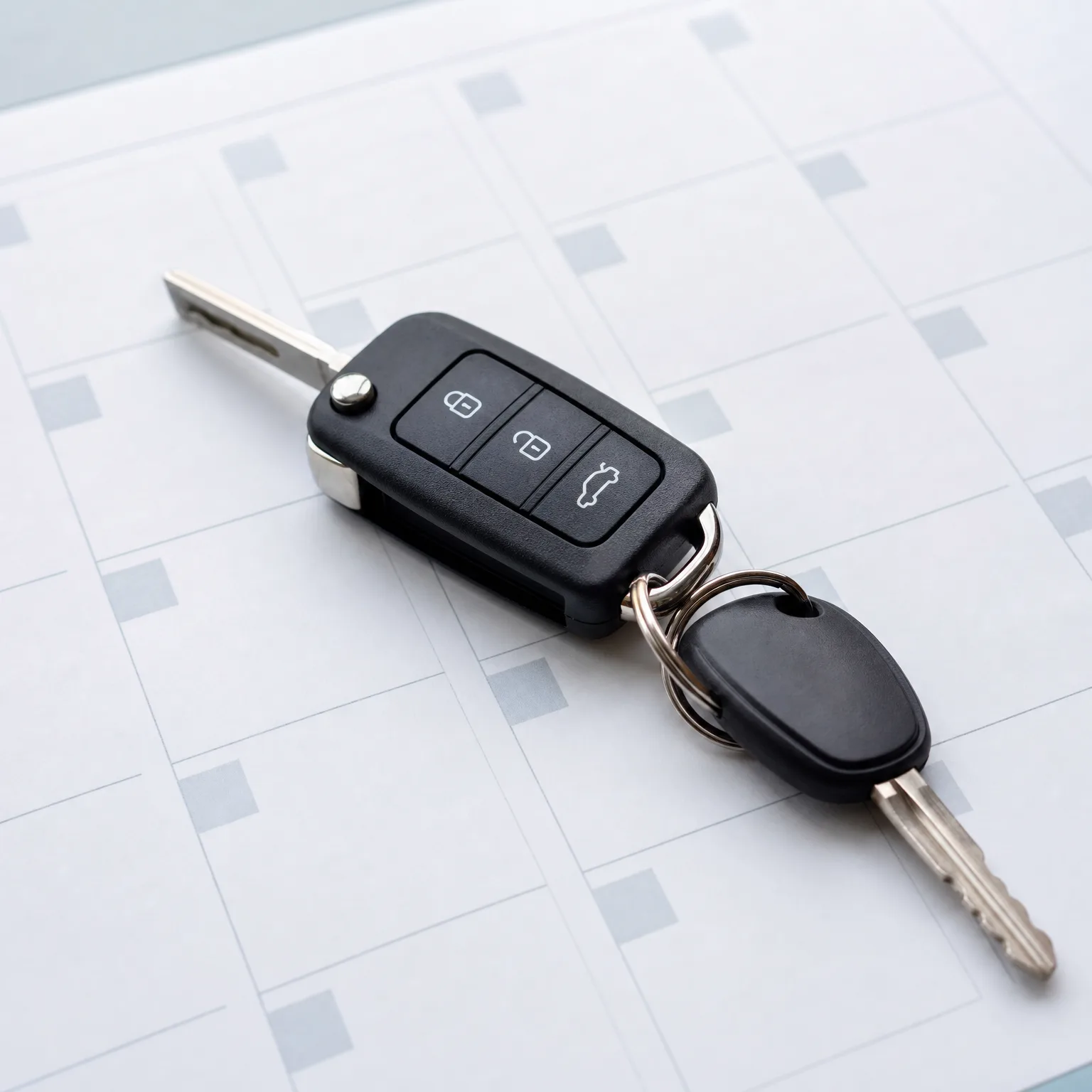 A black flip-style car key with three buttons and a second key on a split ring, lying on a white grid-patterned surface.