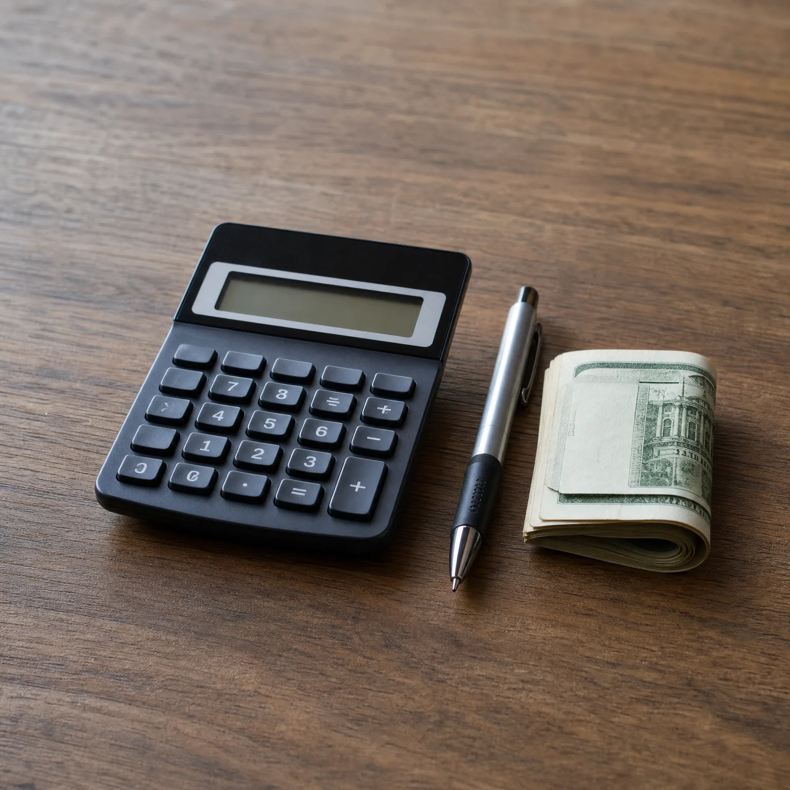 A black calculator, a silver ballpoint pen, and a folded roll of banknotes on a dark wooden surface.