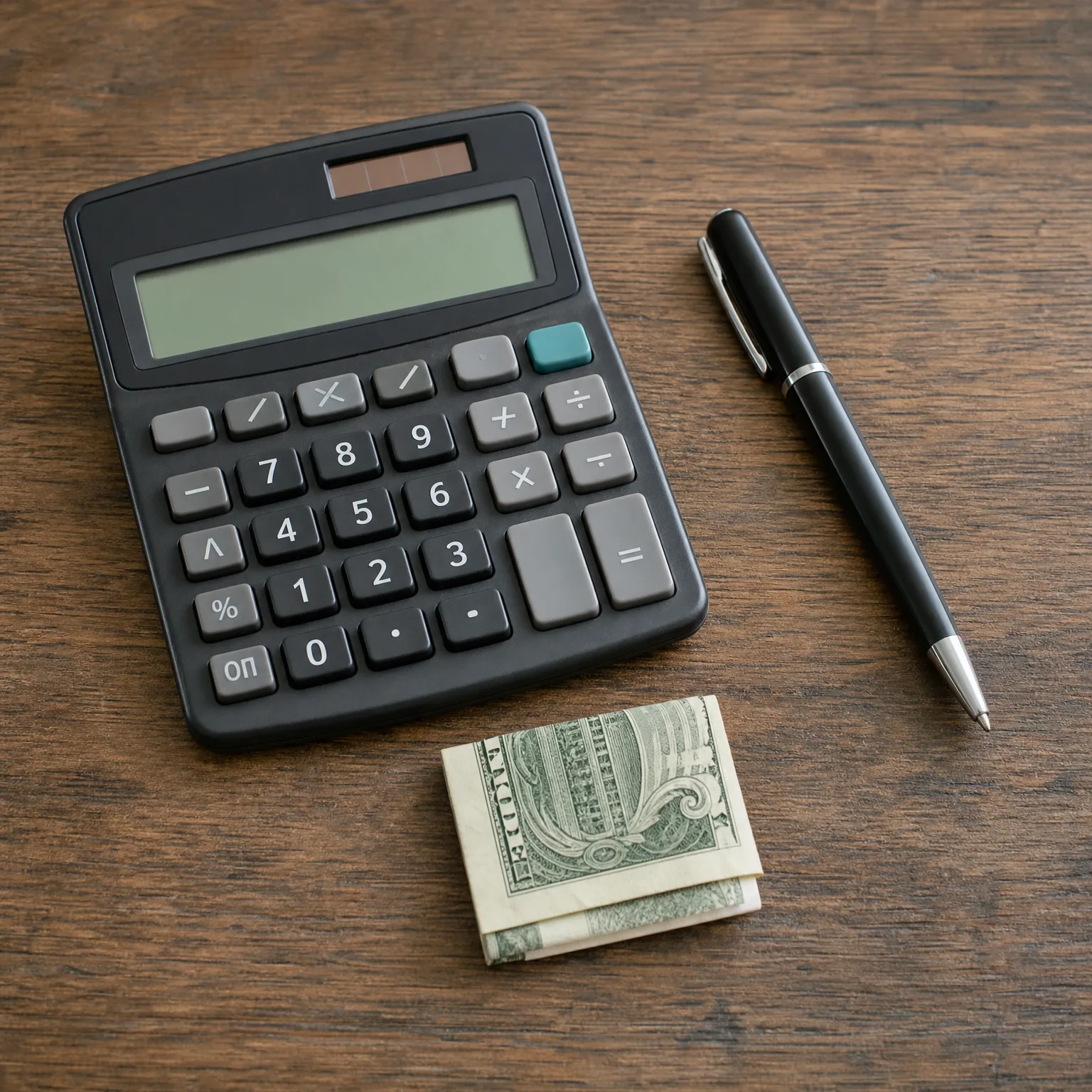 A black desktop calculator, a black ballpoint pen, and a folded stack of US dollar bills arranged on a dark wooden surface.