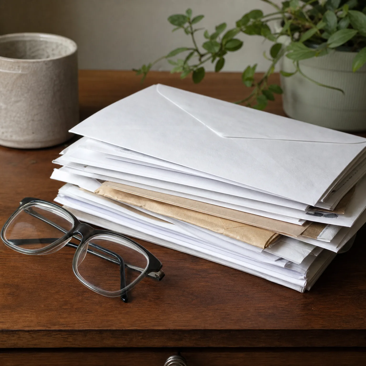 A stack of white and brown envelopes and papers on a dark wood table, with eyeglasses beside them and a potted plant and ceramic pot in the background.