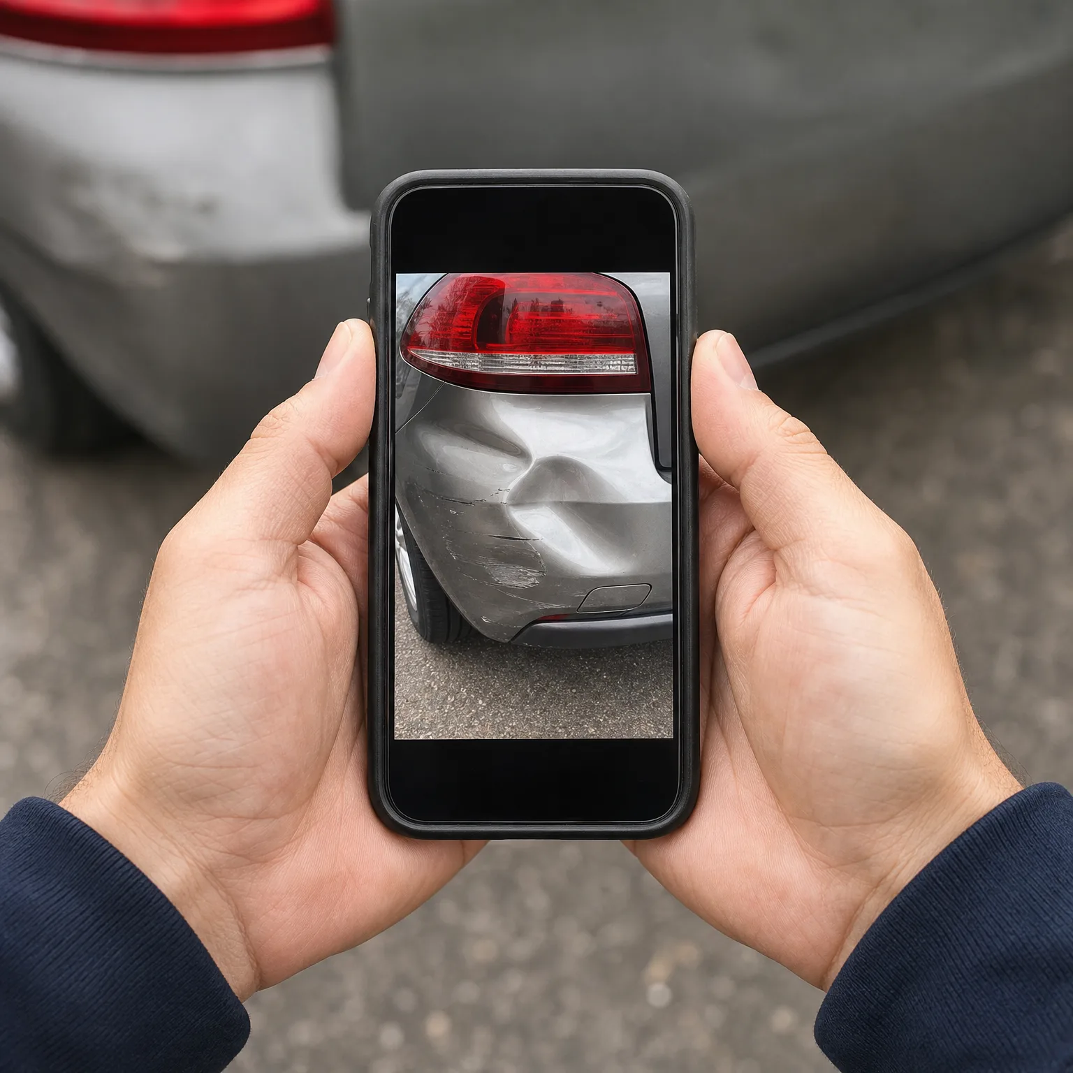 Two hands hold a smartphone displaying a photo of a dented silver car rear bumper and taillight, with a damaged car and pavement blurred in the background.