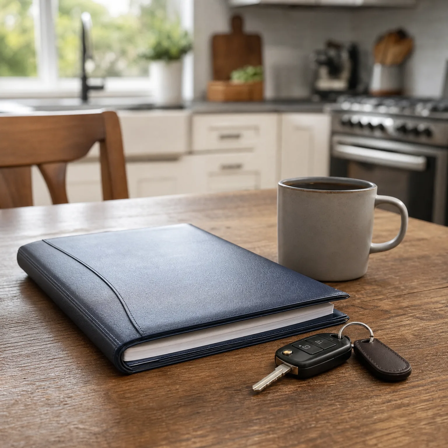 A navy leather-covered notebook, a gray mug of dark coffee, and a car key with a leather fob rest on a wooden table in a blurred kitchen.