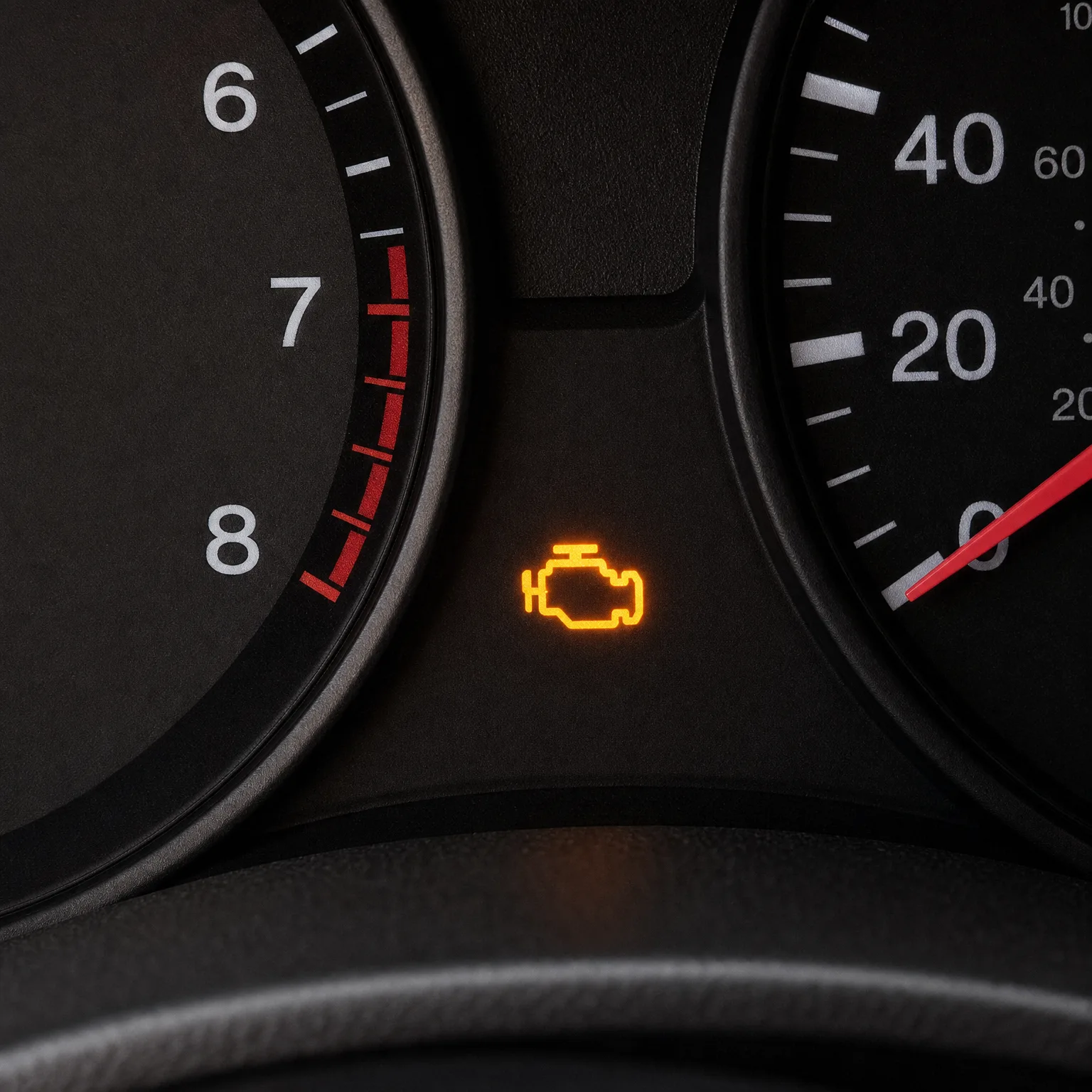 Close-up of a dark vehicle instrument cluster showing part of a tachometer with red zone markings, a speedometer with a red needle, and an illuminated amber engine-shaped warning light between them.