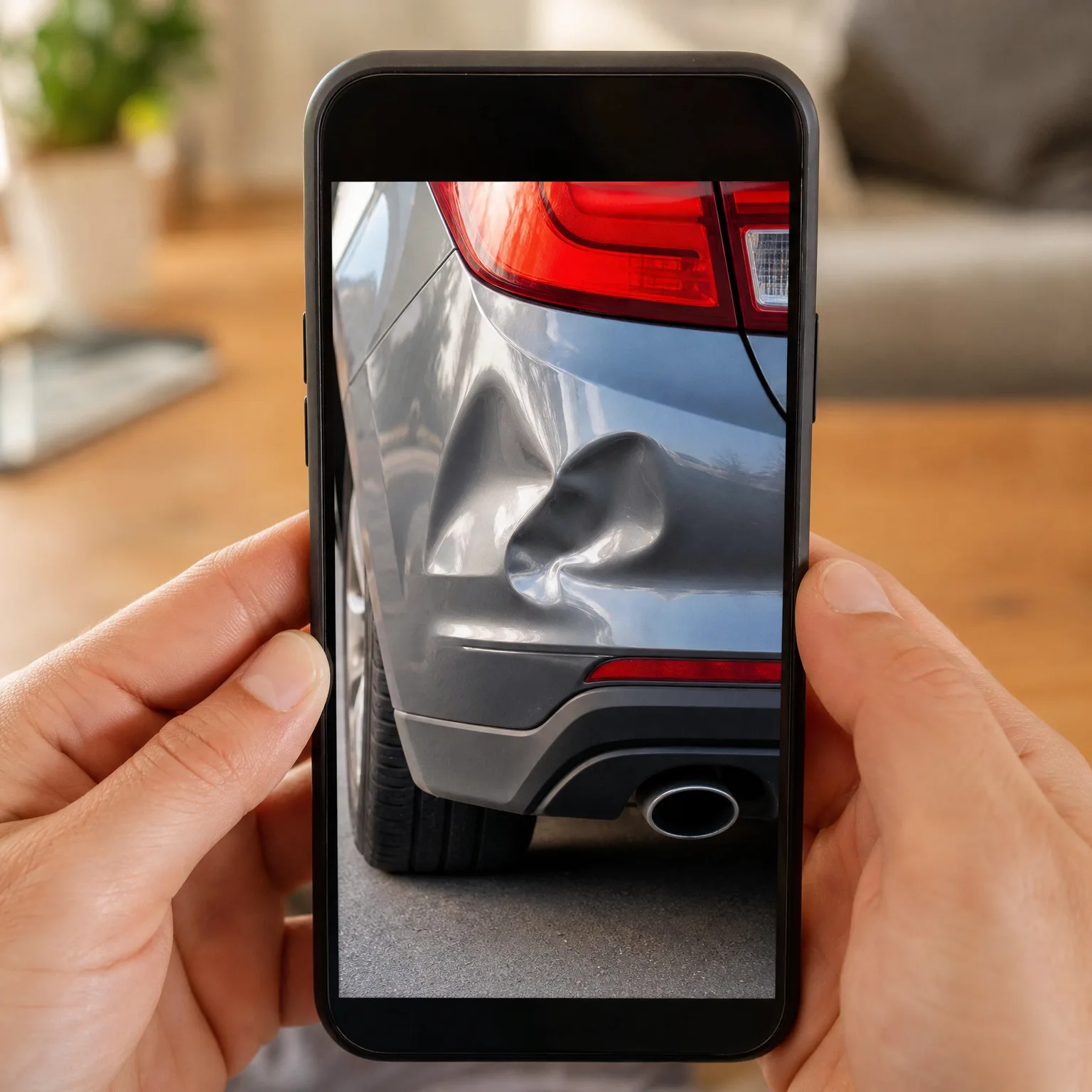 Two hands hold a smartphone displaying a close-up photo of a dent in the rear quarter panel of a gray car near the taillight, with a blurred indoor room behind.