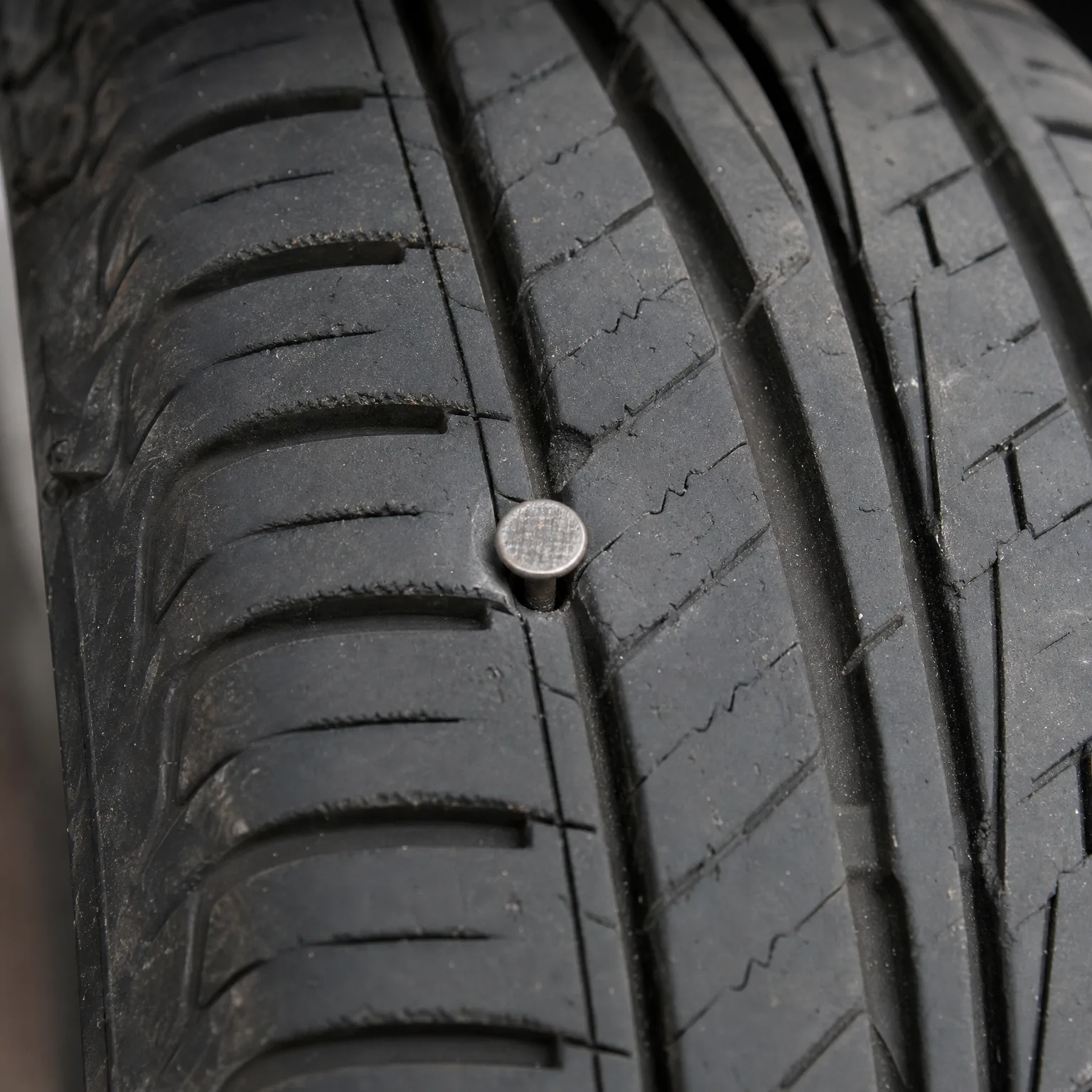 Close-up of a worn tire tread with a metal nail head embedded in the rubber between grooves.