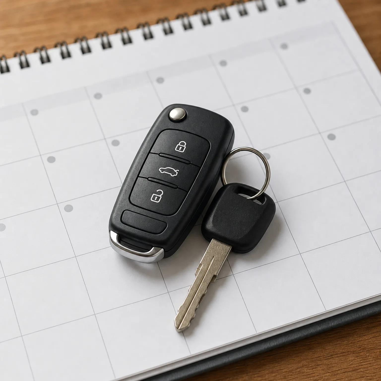 A black flip-style car remote key with lock, trunk, and unlock buttons, attached by a ring to a second key with a black plastic head, resting on a spiral-bound calendar notebook on a wooden surface.