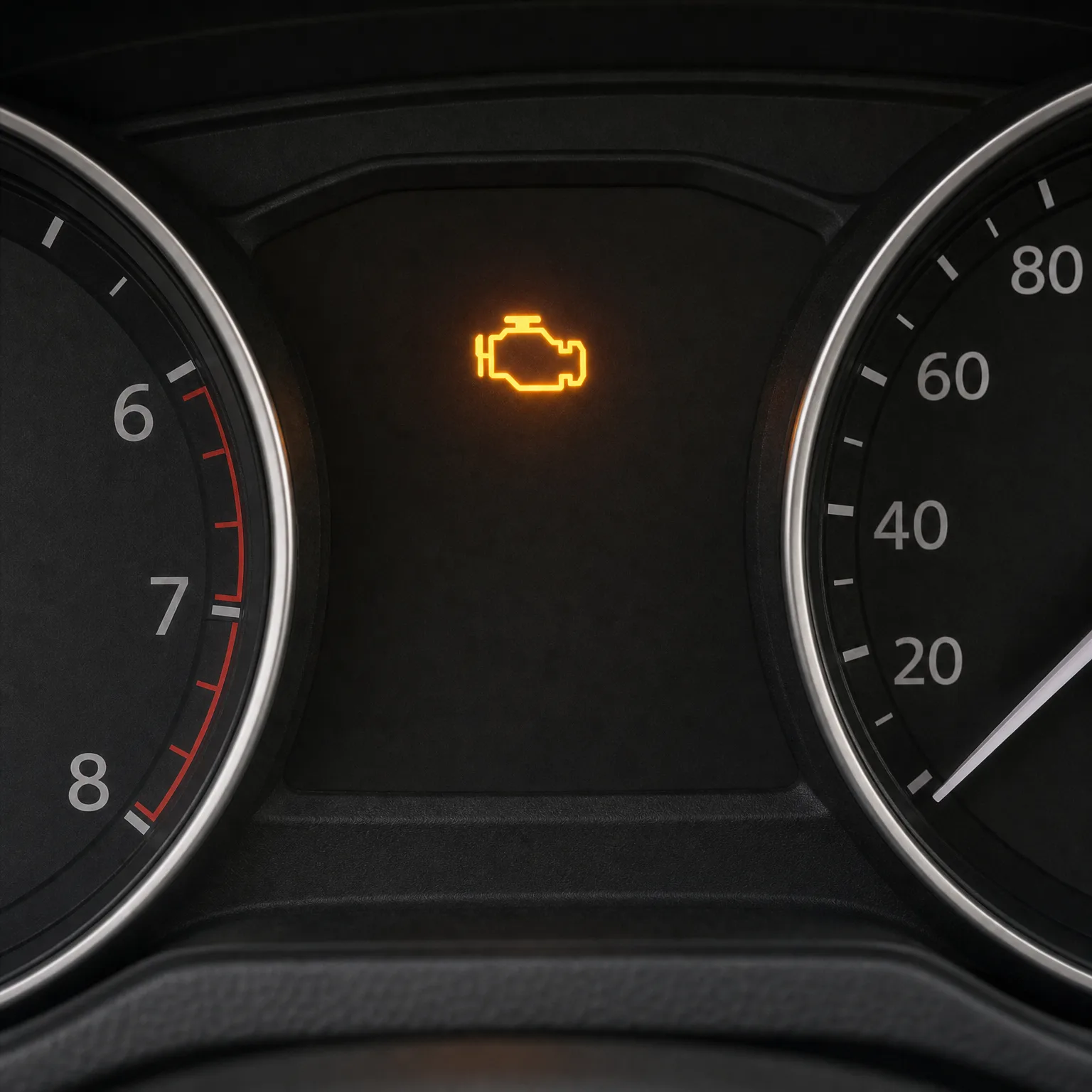 Close-up of a dark car instrument cluster with an illuminated amber engine-shaped warning light between a tachometer marked 6, 7, 8 with a red zone and a speedometer marked 20, 40, 60, 80.