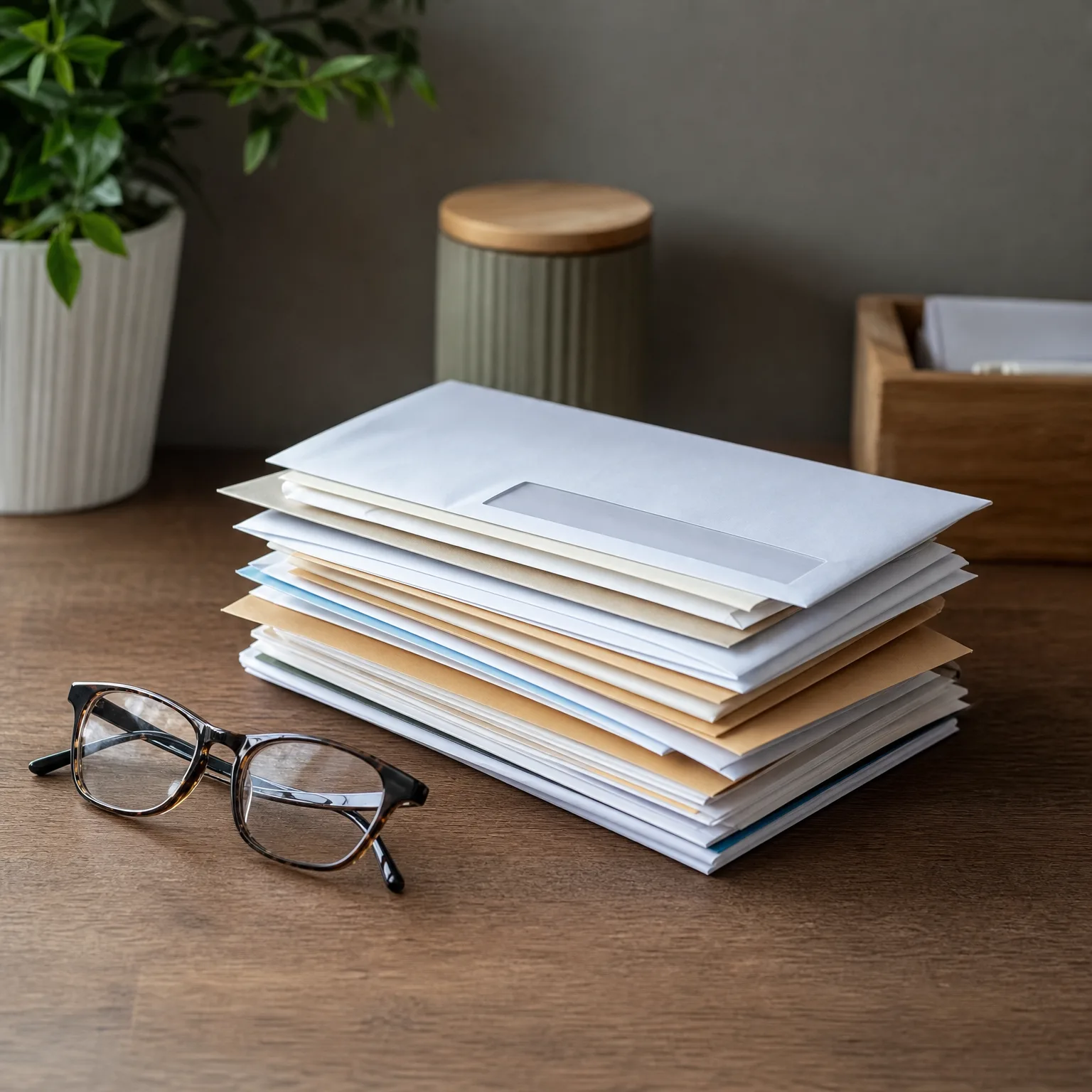 A stack of white and cream envelopes on a wooden desk beside tortoiseshell eyeglasses, with a potted plant, a lidded canister, and a wooden tray blurred in the background.