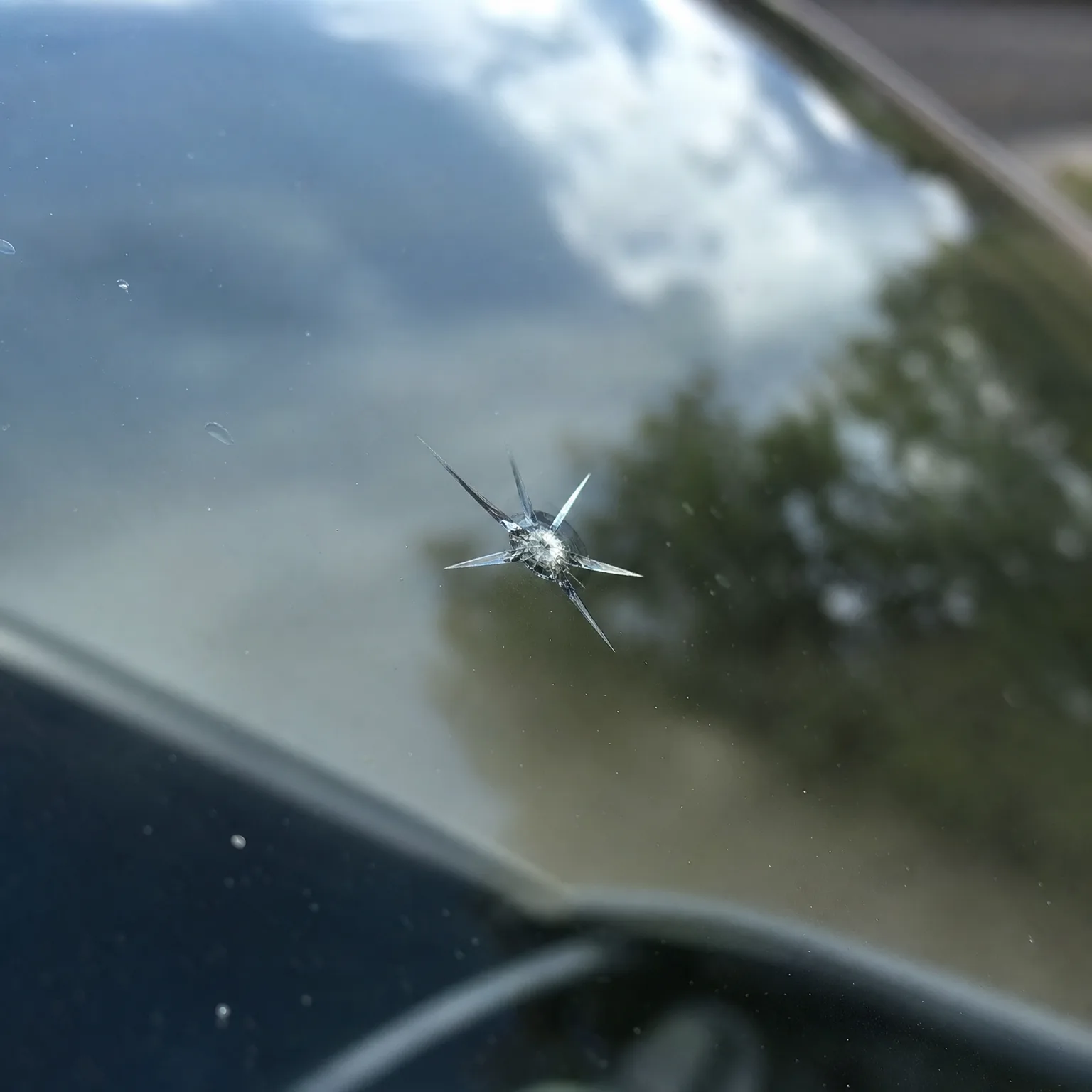 Close-up of a star-shaped chip with radiating cracks in a car windshield, with blurred sky and trees reflected in the glass.