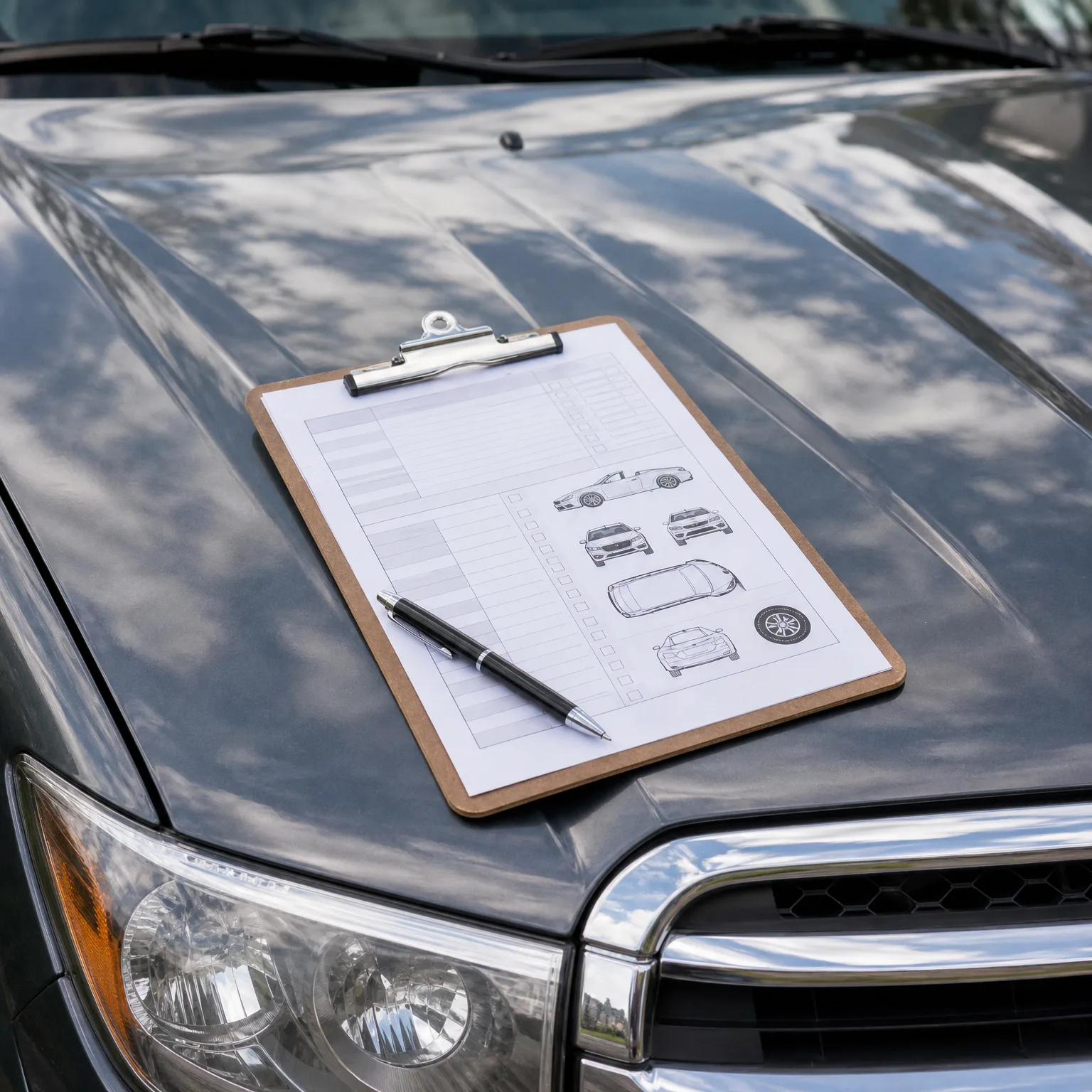A clipboard holding a vehicle inspection form with car diagrams and checkboxes, with a black pen resting on it, lying on the hood of a gray car.