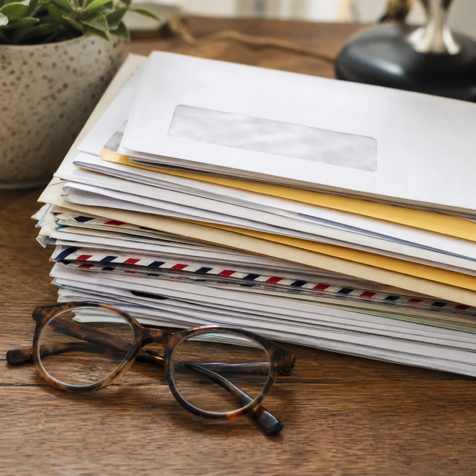 A stack of white, yellow and airmail-bordered envelopes on a wooden table beside tortoiseshell-framed glasses, with a potted plant blurred in the background.