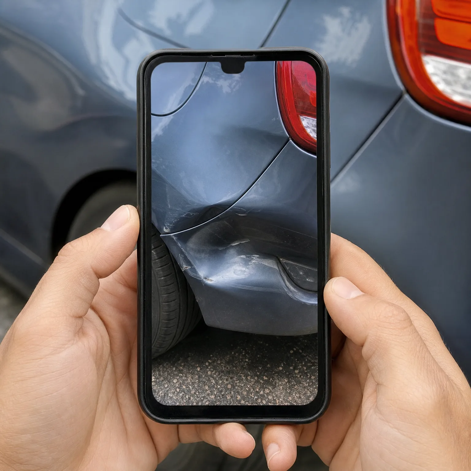 Two hands hold a smartphone whose screen shows a close-up of a dented dark-colored car bumper, with the same damaged vehicle blurred in the background.