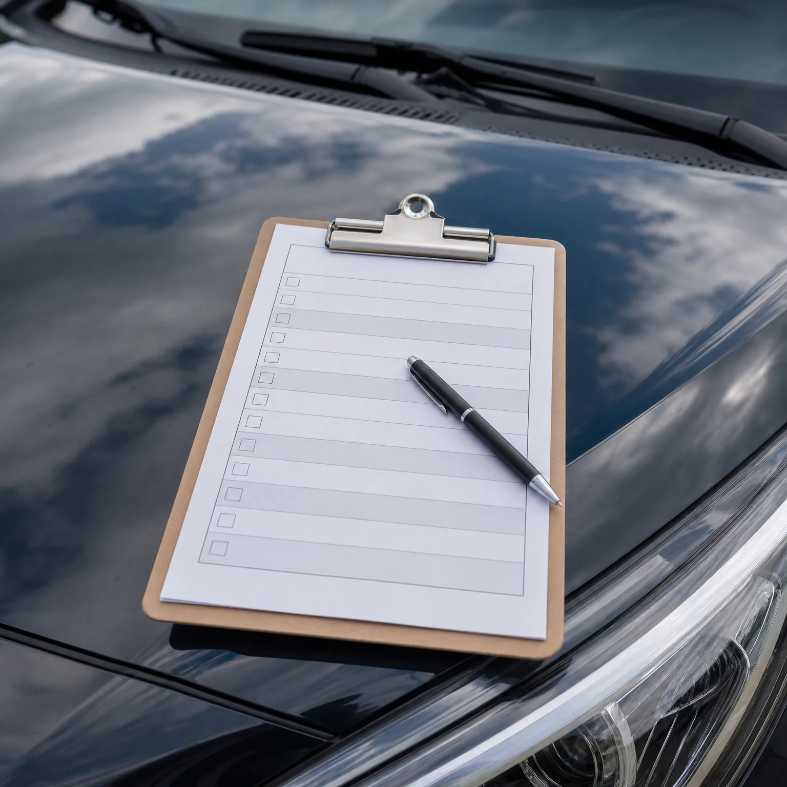 A wooden clipboard holding a blank lined checklist with empty tick boxes, with a black pen resting on it, placed on the hood of a dark car near the windshield and headlight.