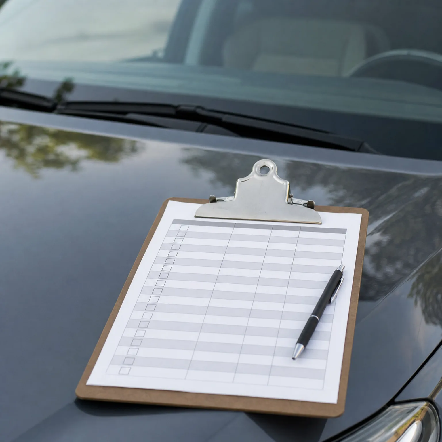 A wooden clipboard holding a blank checklist form with a black pen rests on the hood of a dark car near the windshield wipers.