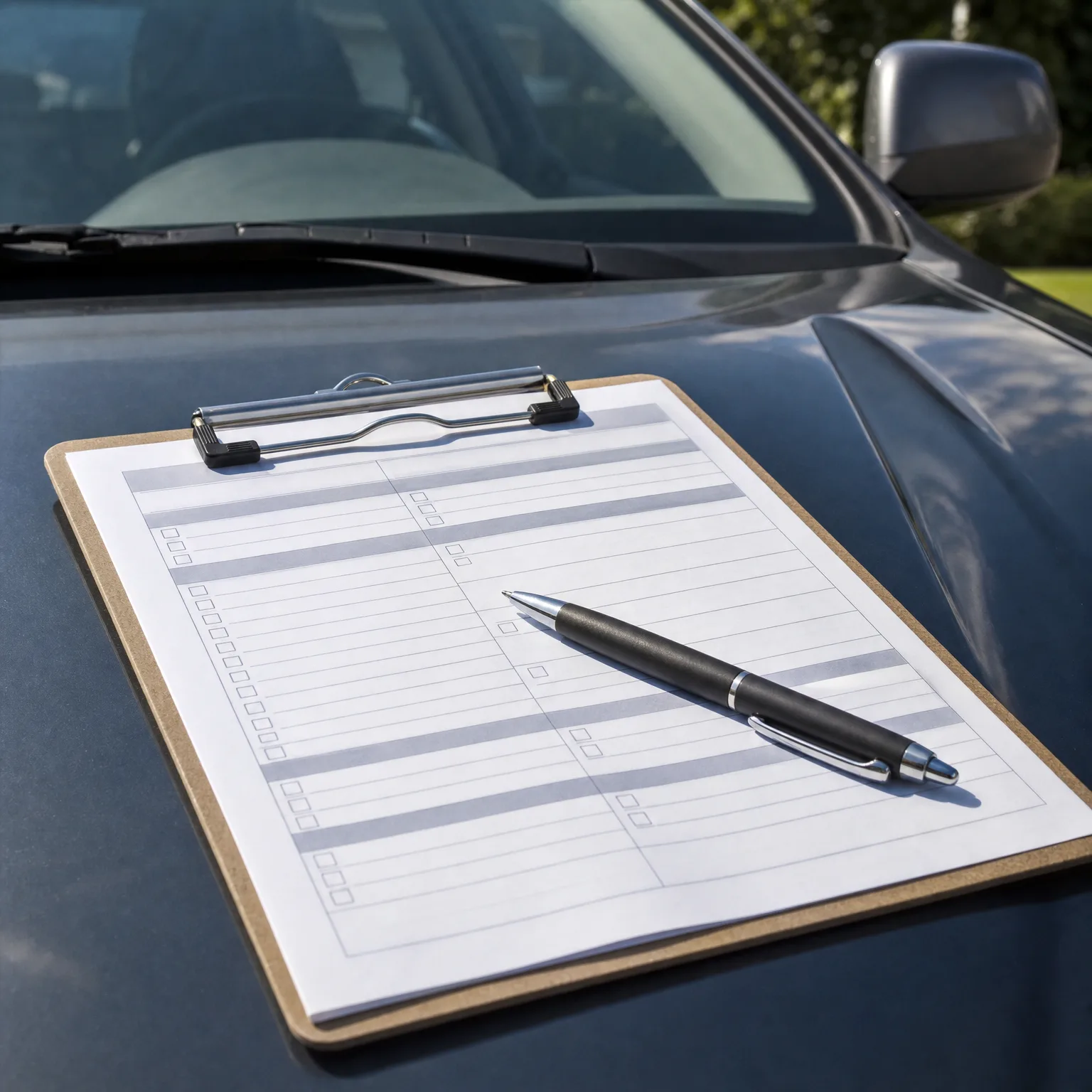 A clipboard holding a blank checklist form with a black pen resting on it, sitting on the hood of a dark car near the windshield.