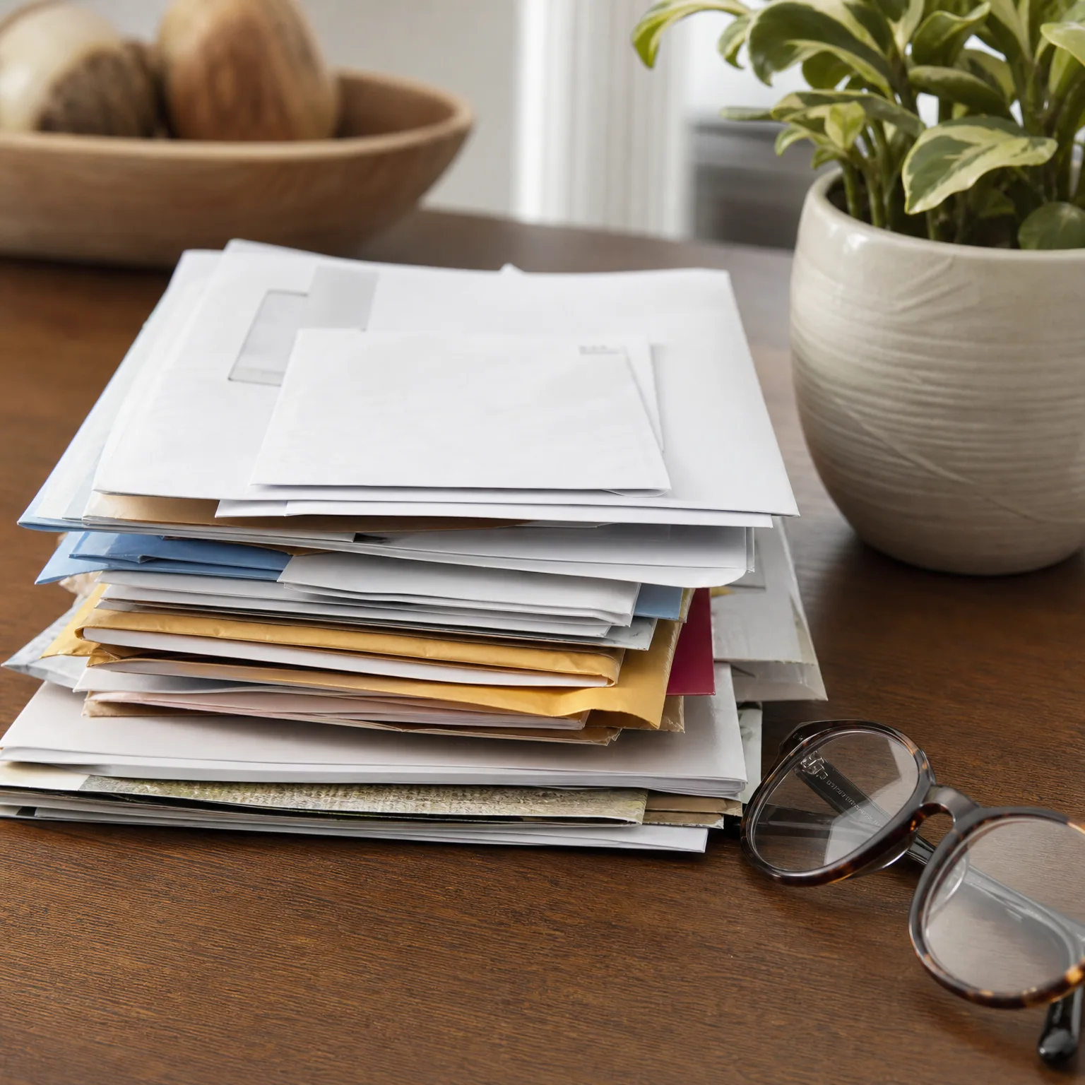 A large stack of unopened envelopes and papers on a dark wood table, with tortoiseshell eyeglasses beside it, a potted plant at right and a wooden bowl in the background.