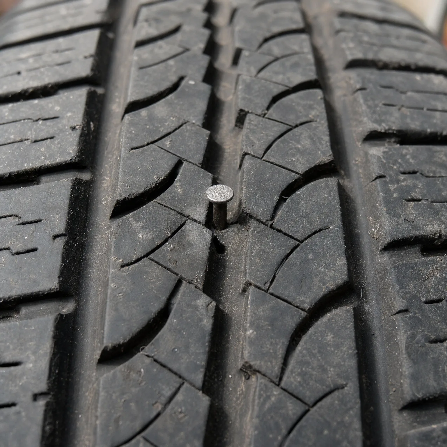 Close-up of a dusty tire tread with a nail head embedded in the rubber near a central groove.