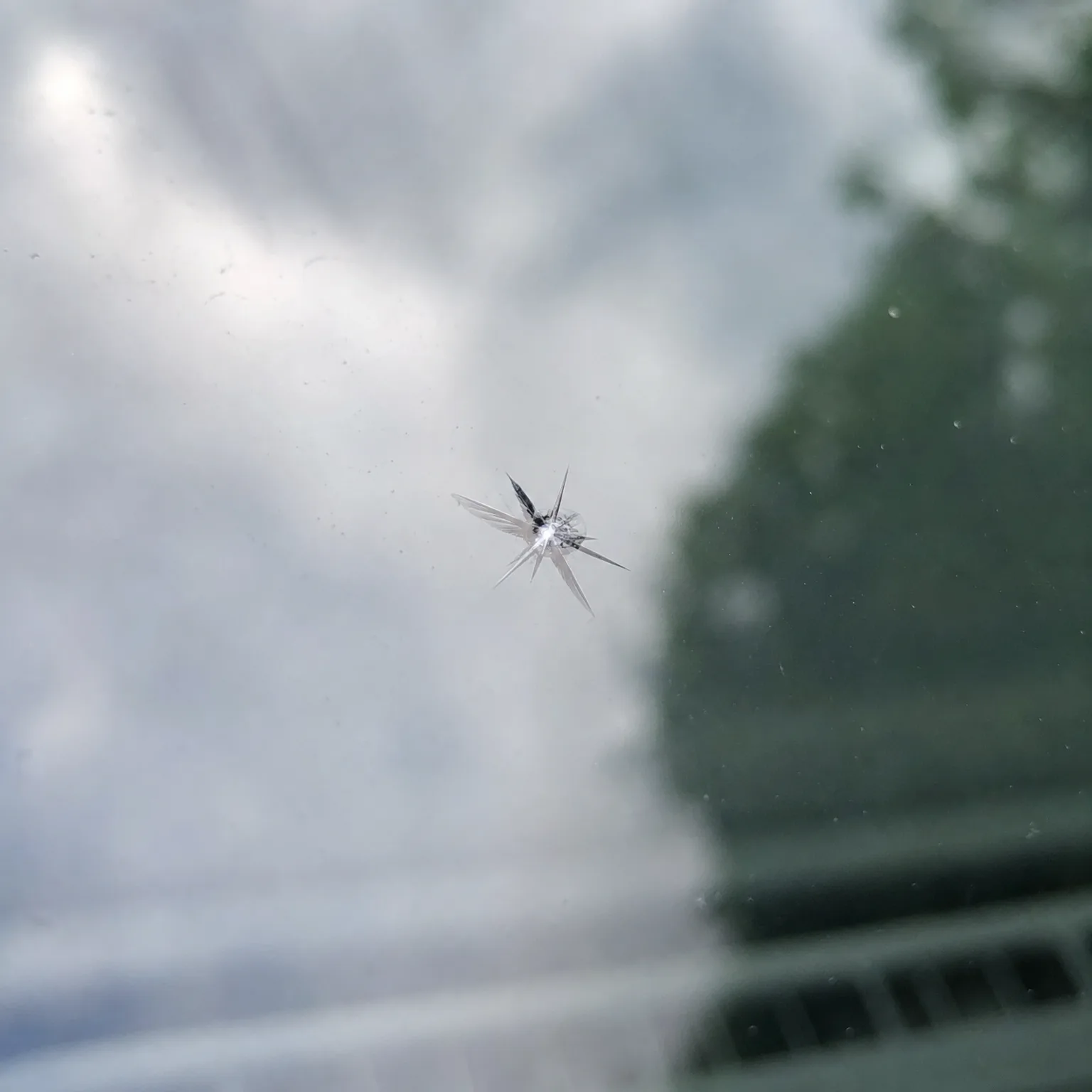 Close-up of a star-shaped chip crack in a vehicle windshield, with blurred overcast sky and green trees visible through the glass.