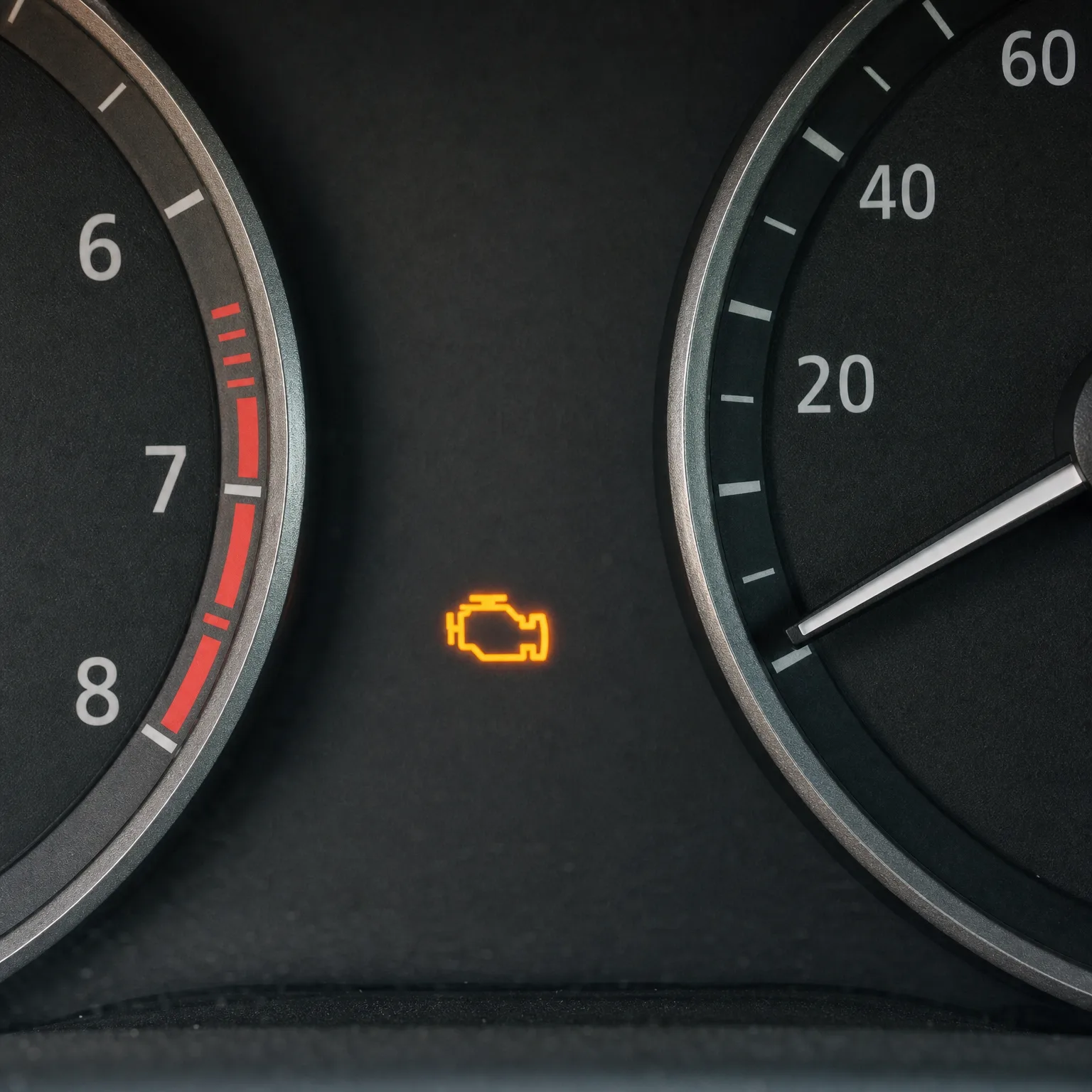 Close-up of a car instrument cluster showing part of a tachometer with a red zone and a speedometer, with an illuminated orange engine-shaped warning light between them.